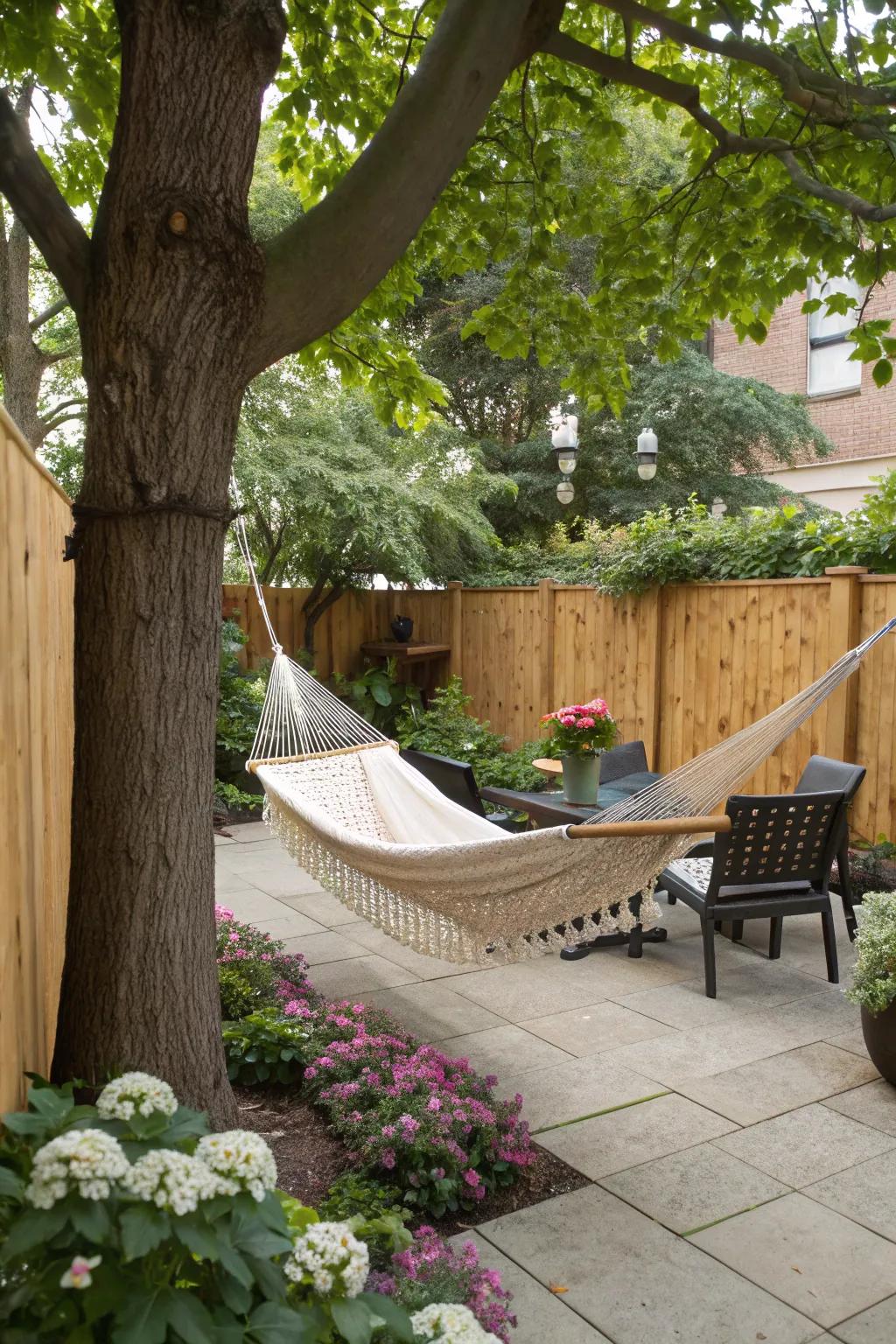 A hammock offering a cozy retreat on a tree-shaded patio.