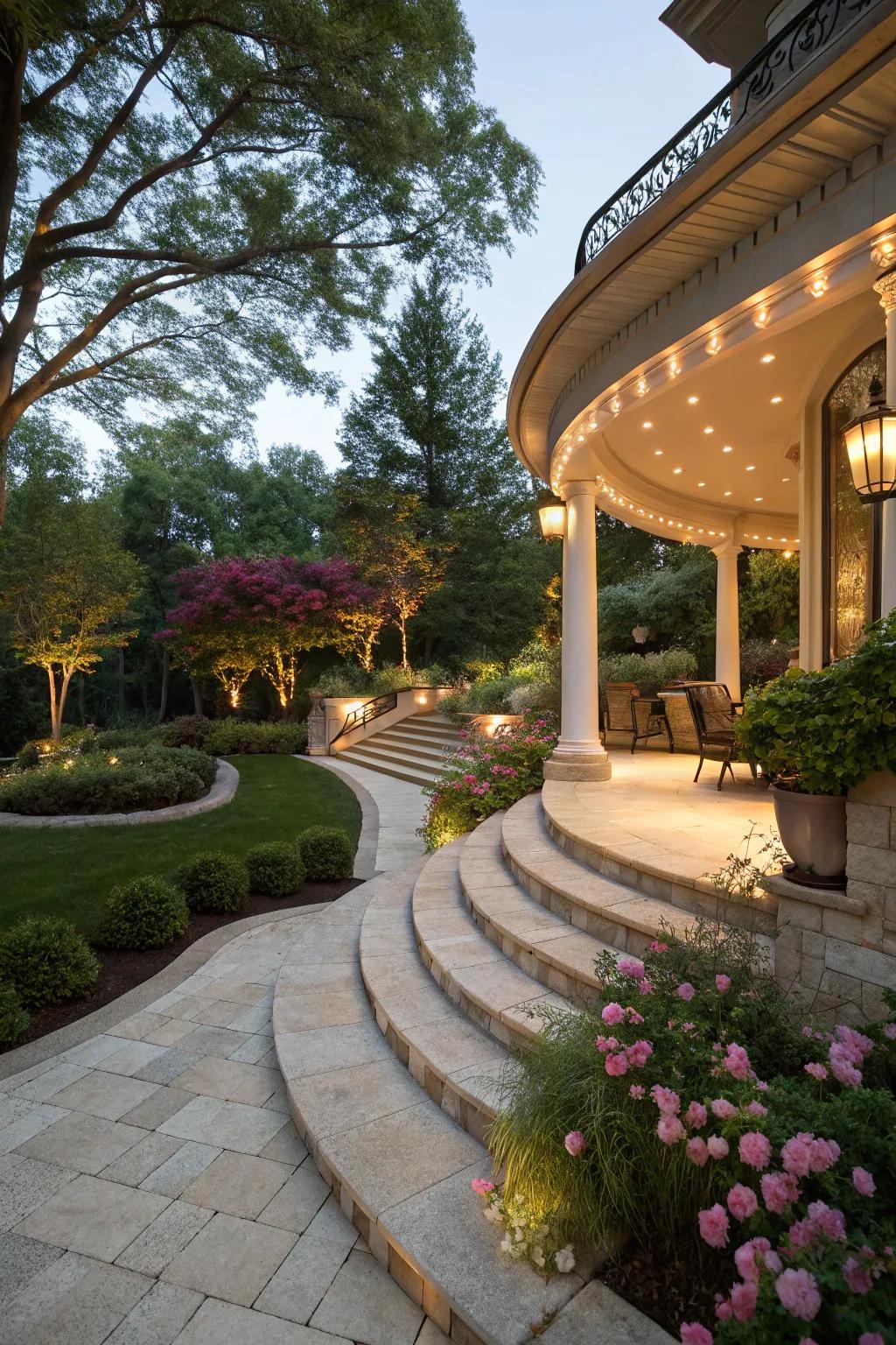 Curved treads deliver a sophisticated transition.