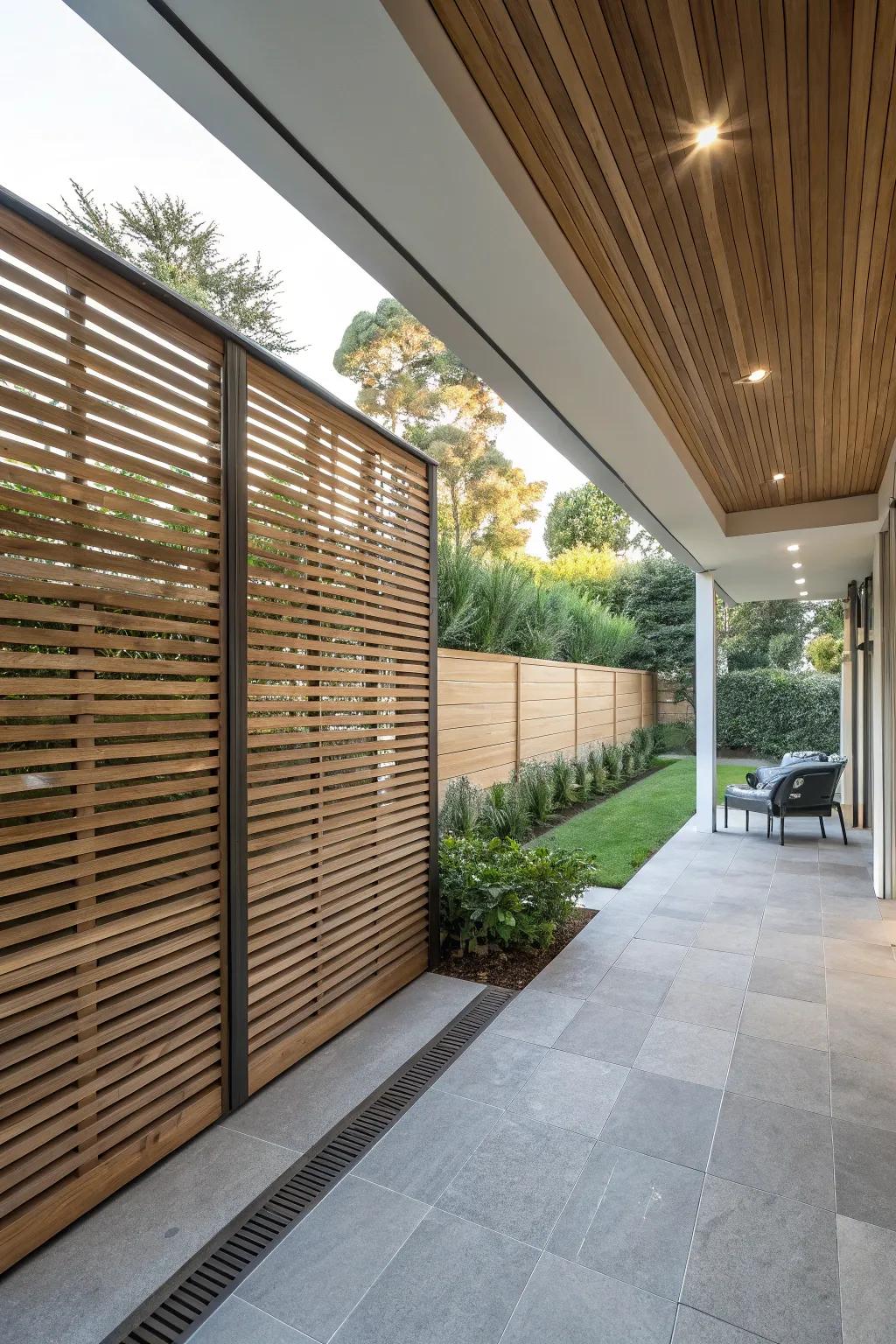 A modern patio enhanced with a slatted wood design.
