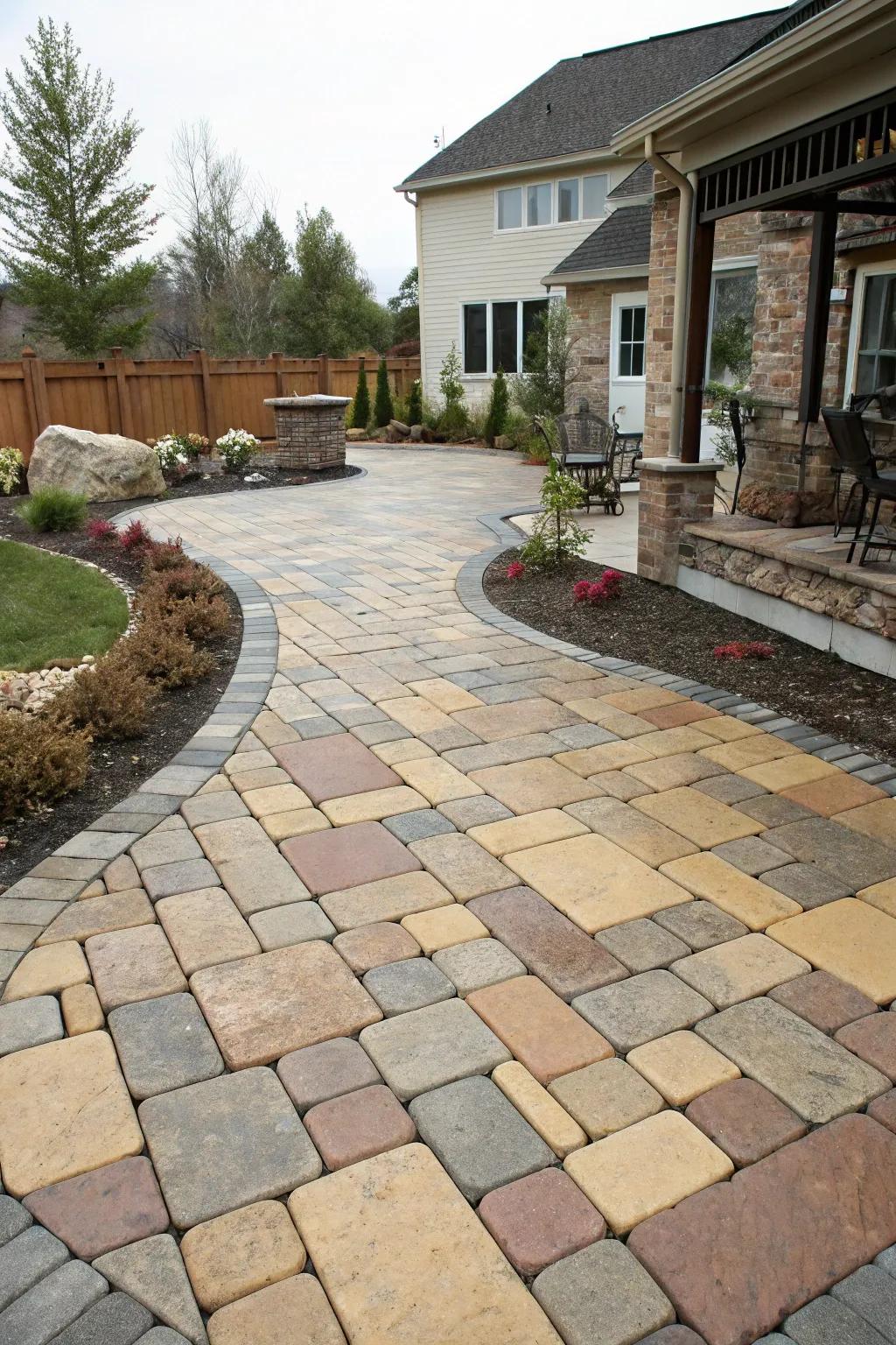A paver patio featuring a mixture of styles and colors, offering texture and visual appeal.