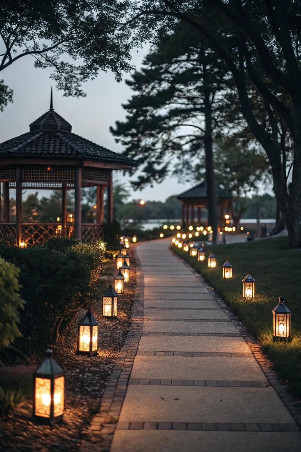 Lanterns fashion a welcoming and attractive path to the pavilion.