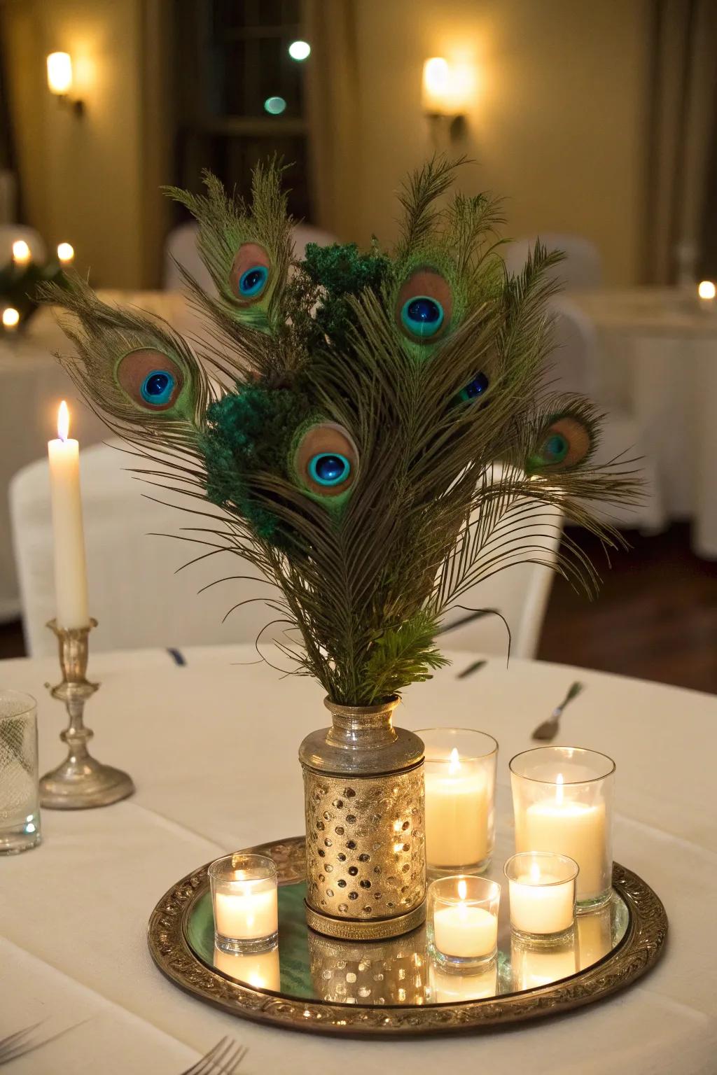 A reflective centerpiece that amplifies the allure of peacock plumes.