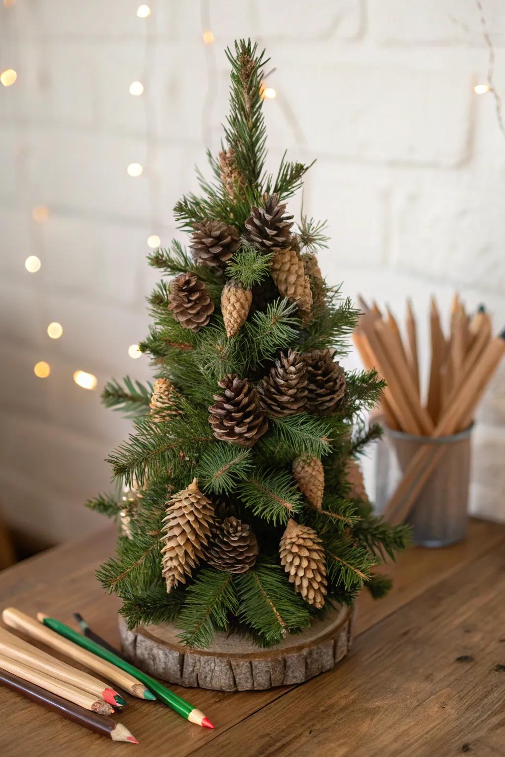 Nature-inspired pencil Christmas tree with pinecones and branches.