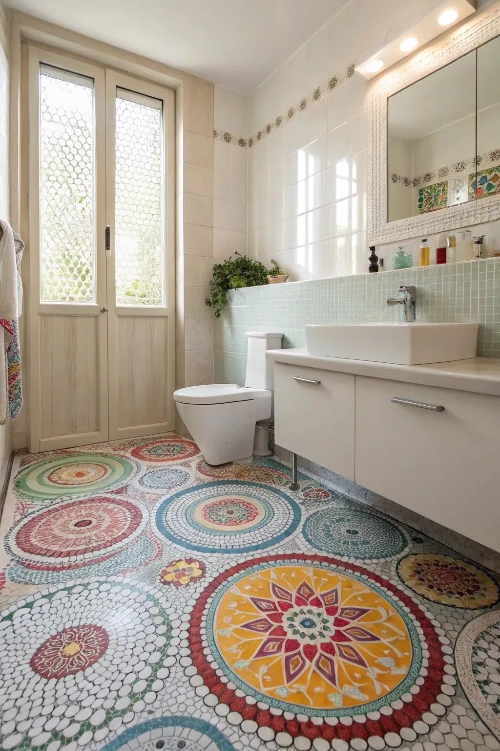 Vibrant penny tile patterns add a splash of color and personality.