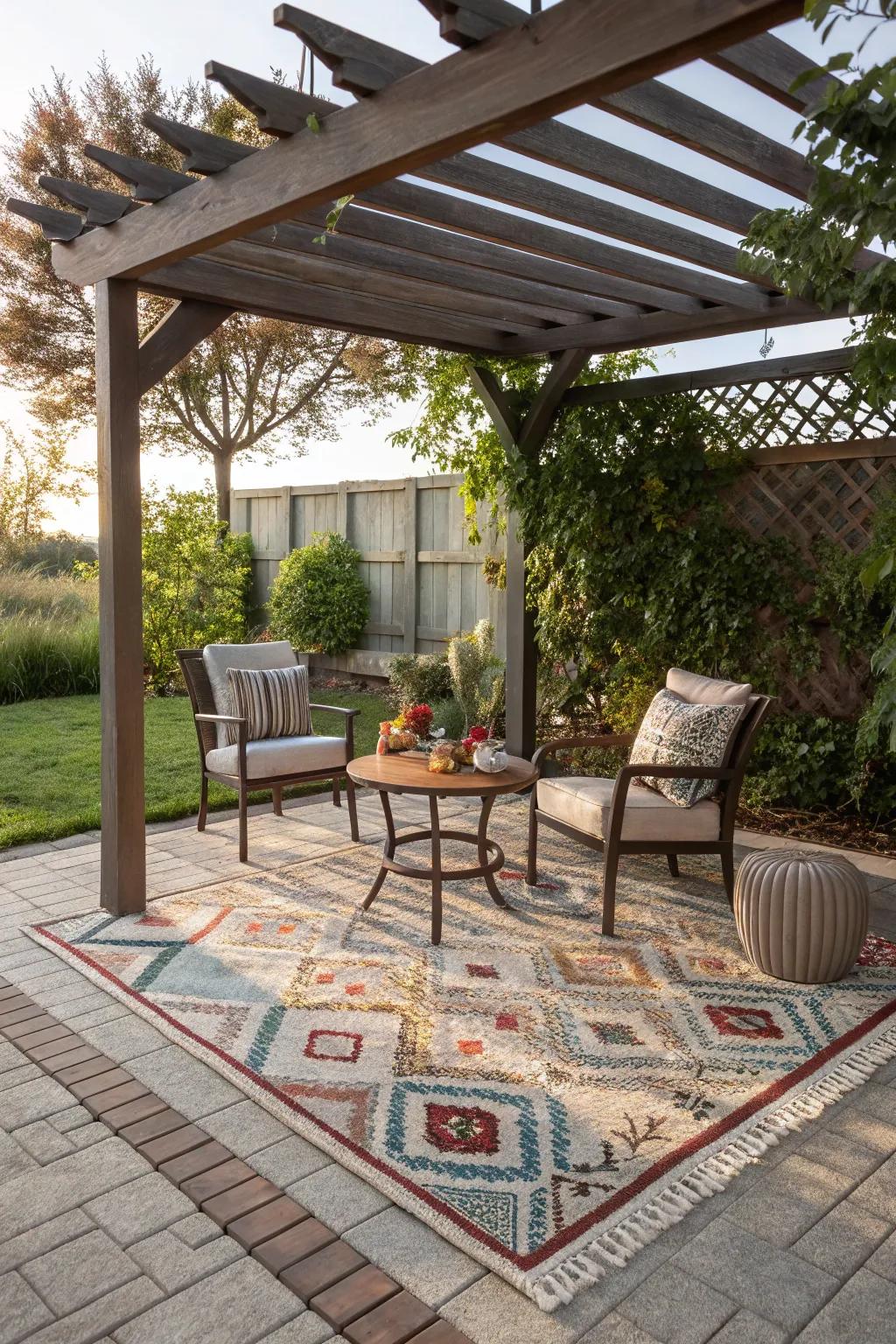 Outdoor rugs add comfort and style, marking your pergola's living space.