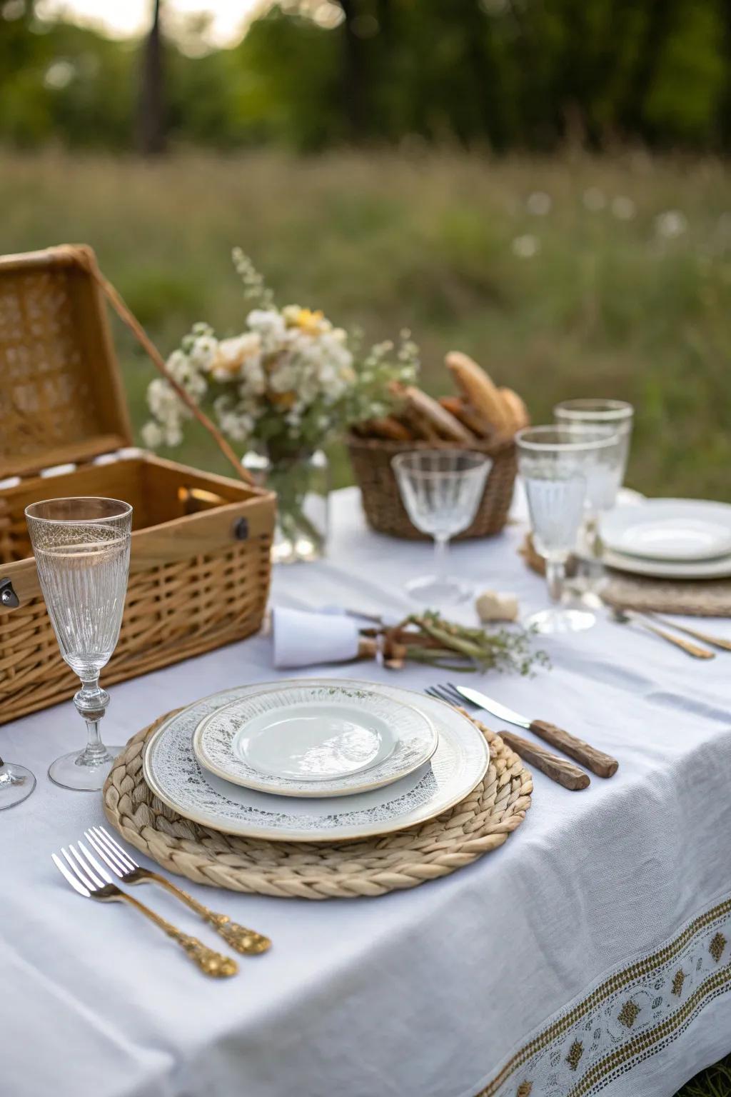 Elegant tableware settings add a touch of sophistication to this picnic table.