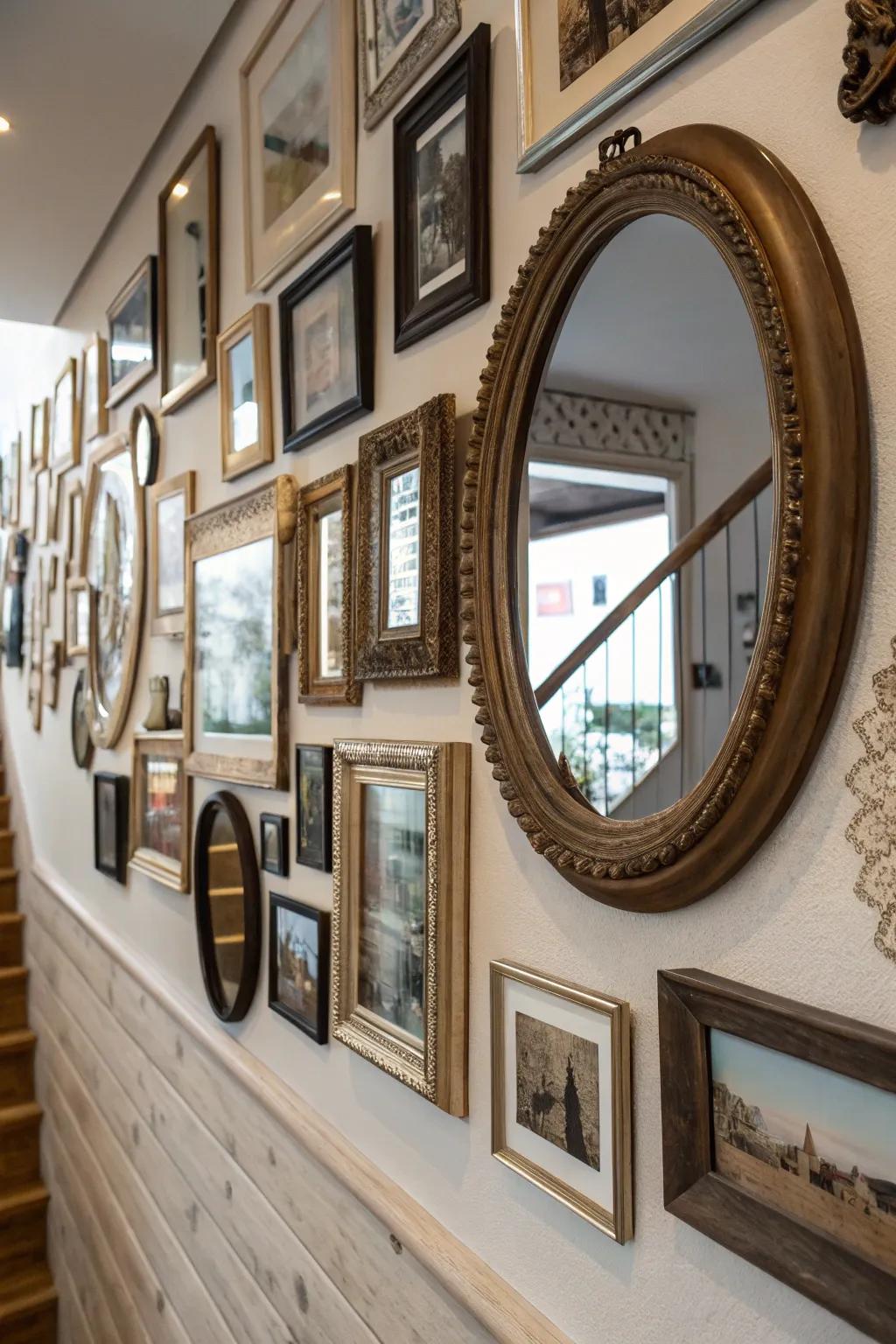 A picture wall featuring mirrors to create a sense of depth.
