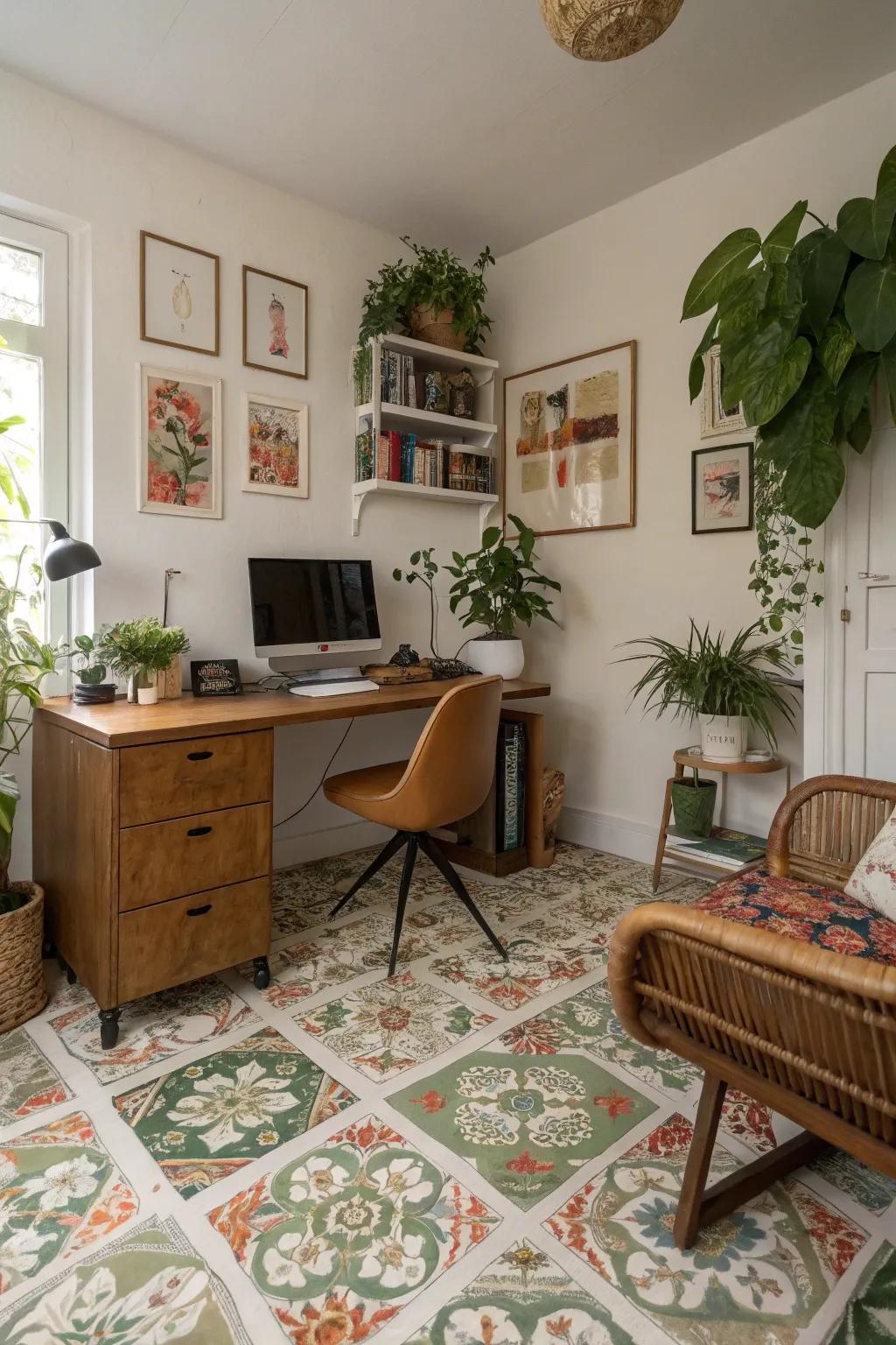 Floral floors fill this home office with the beauty of nature.