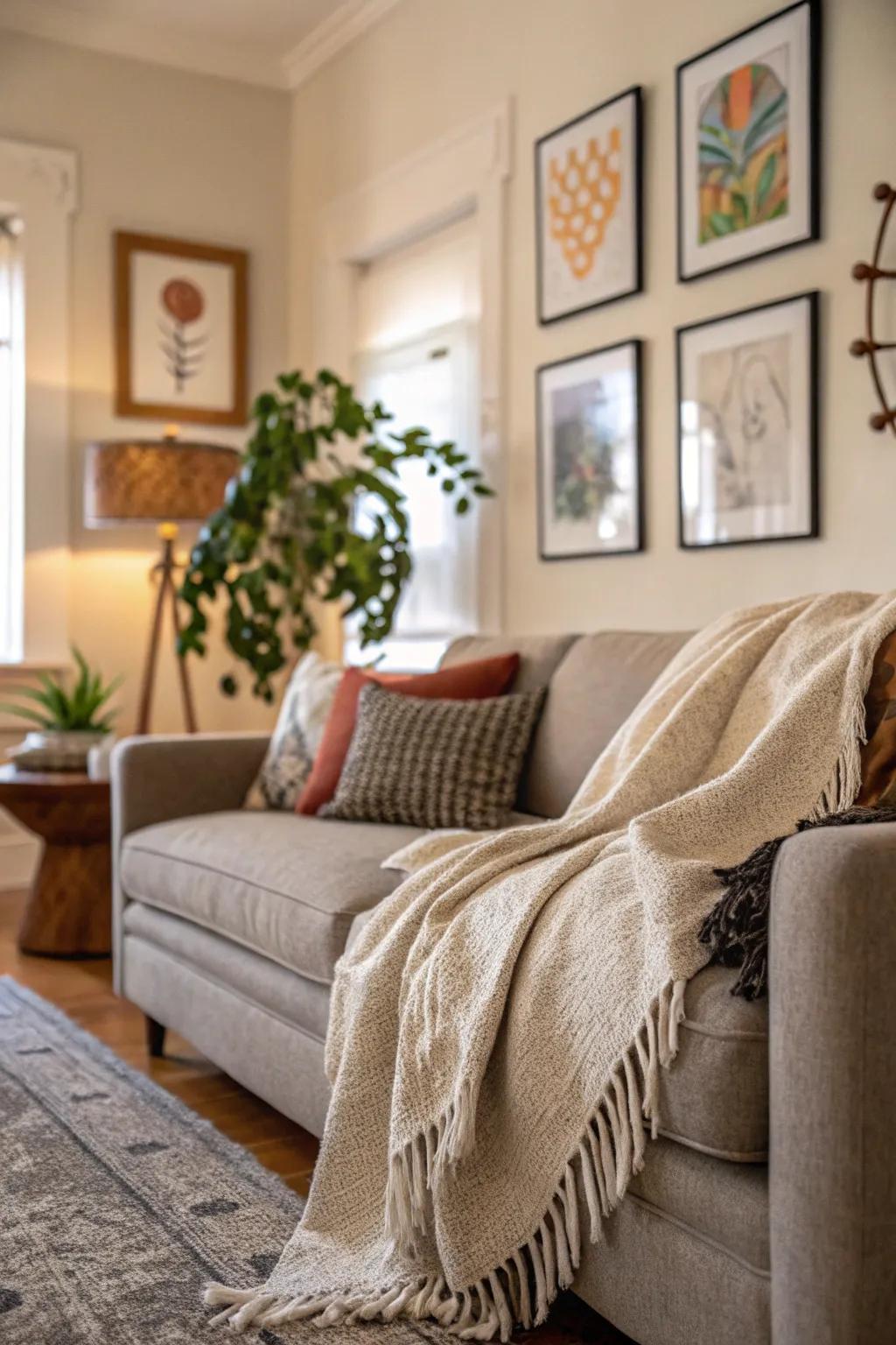 A couch cover loosely hung over a couch corner for a simple look.