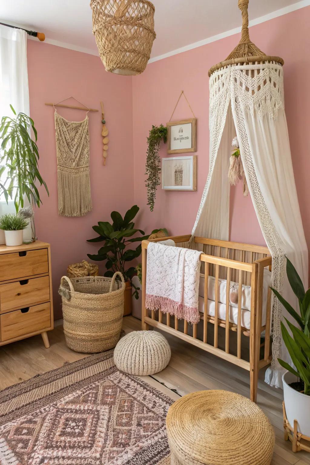 A bohemian nursery with a pink accent wall that feels earthy and stylish.