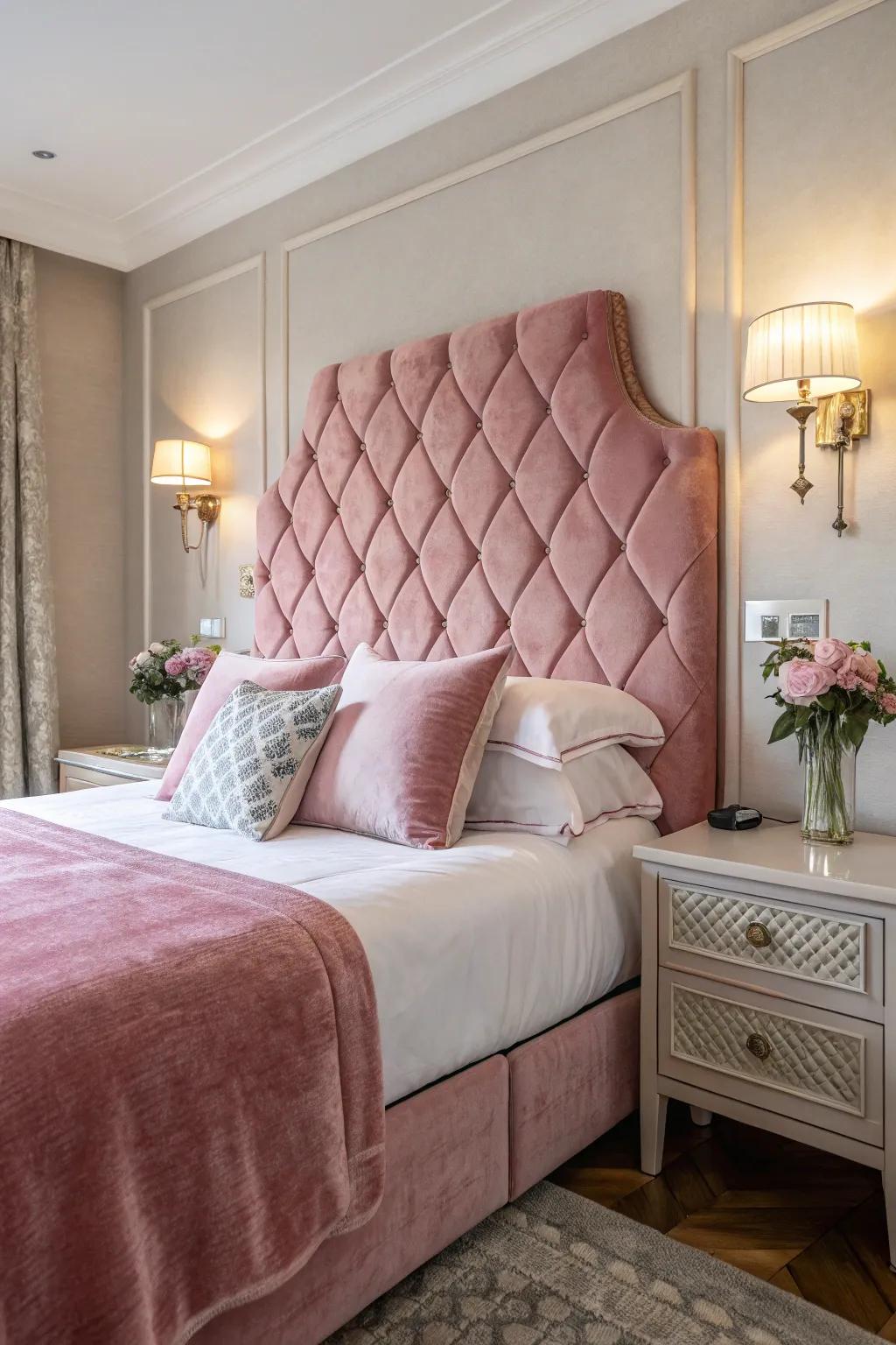 An extravagant rose velvet headboard infuses sophistication into this chic sleeping quarter.