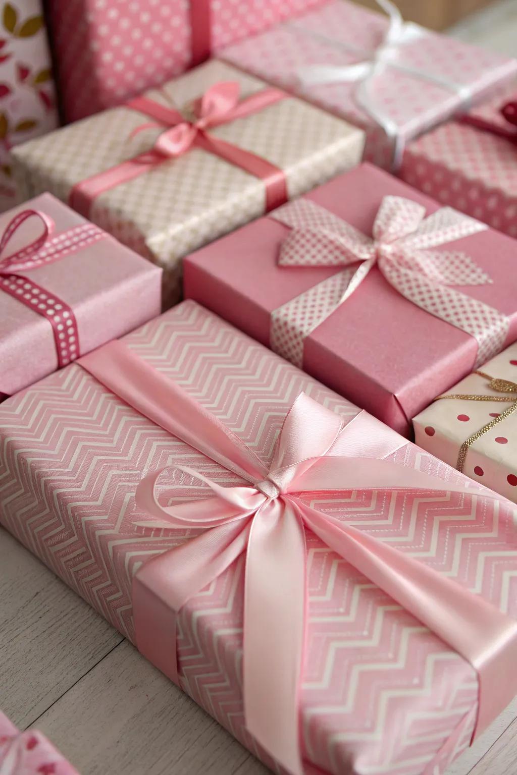Gifts wrapped in pink, radiating charm and delight.