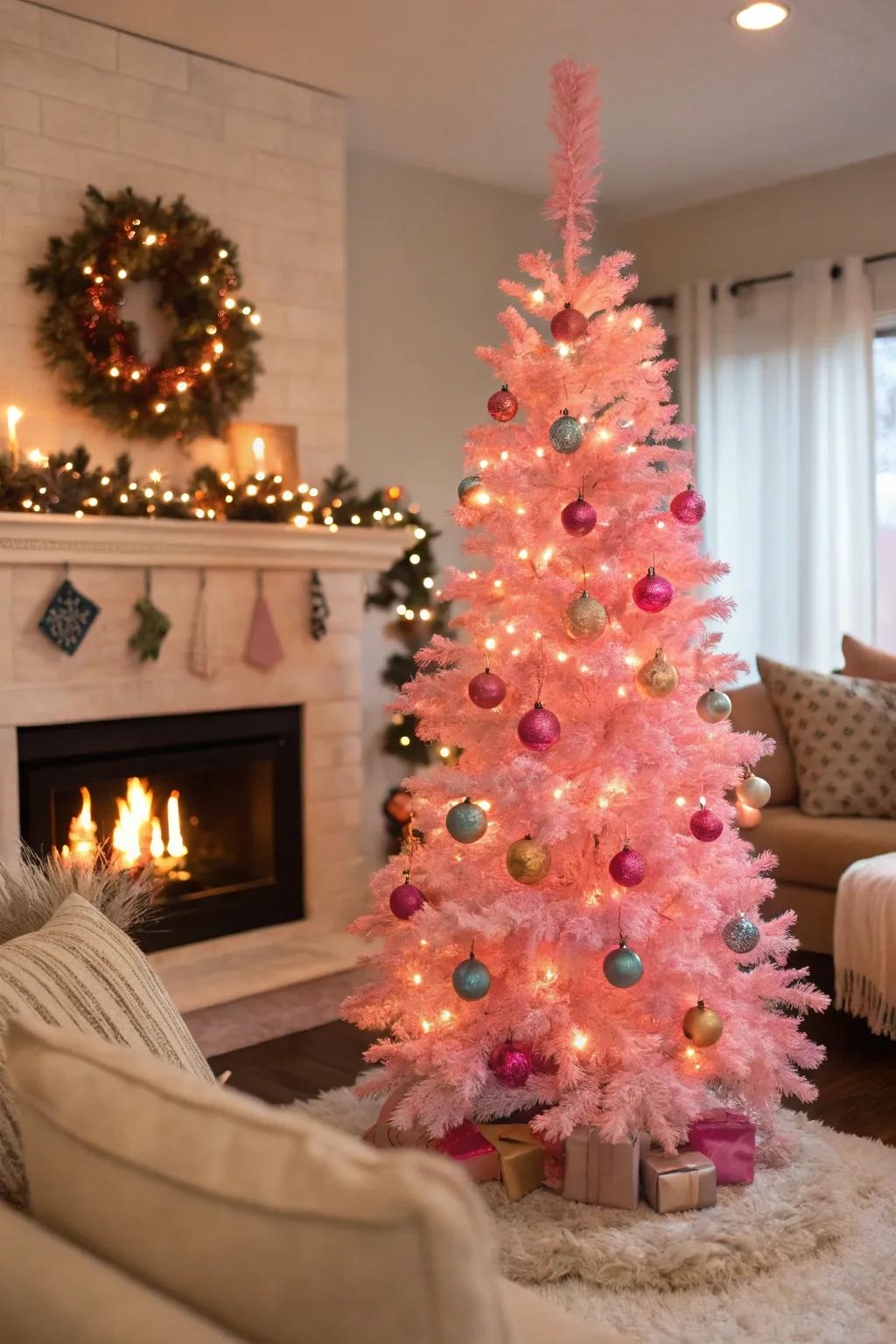 An intimate locale proximal to the hearth accentuates this rose-colored holiday foliage.
