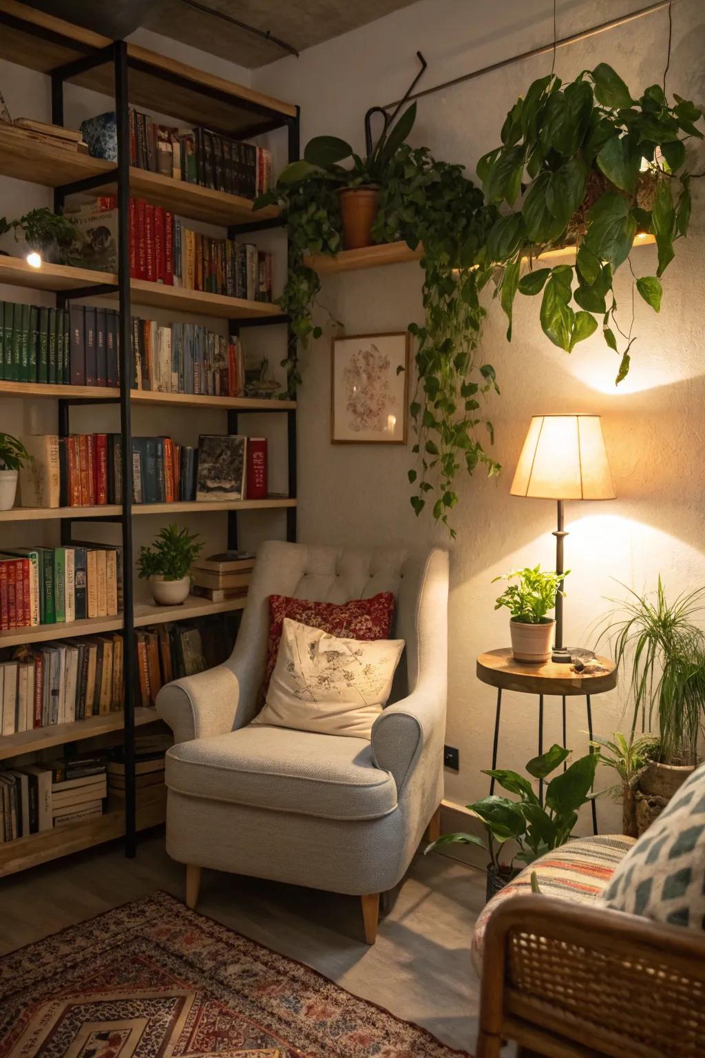 Produce a tranquil reading space with plant shelves.