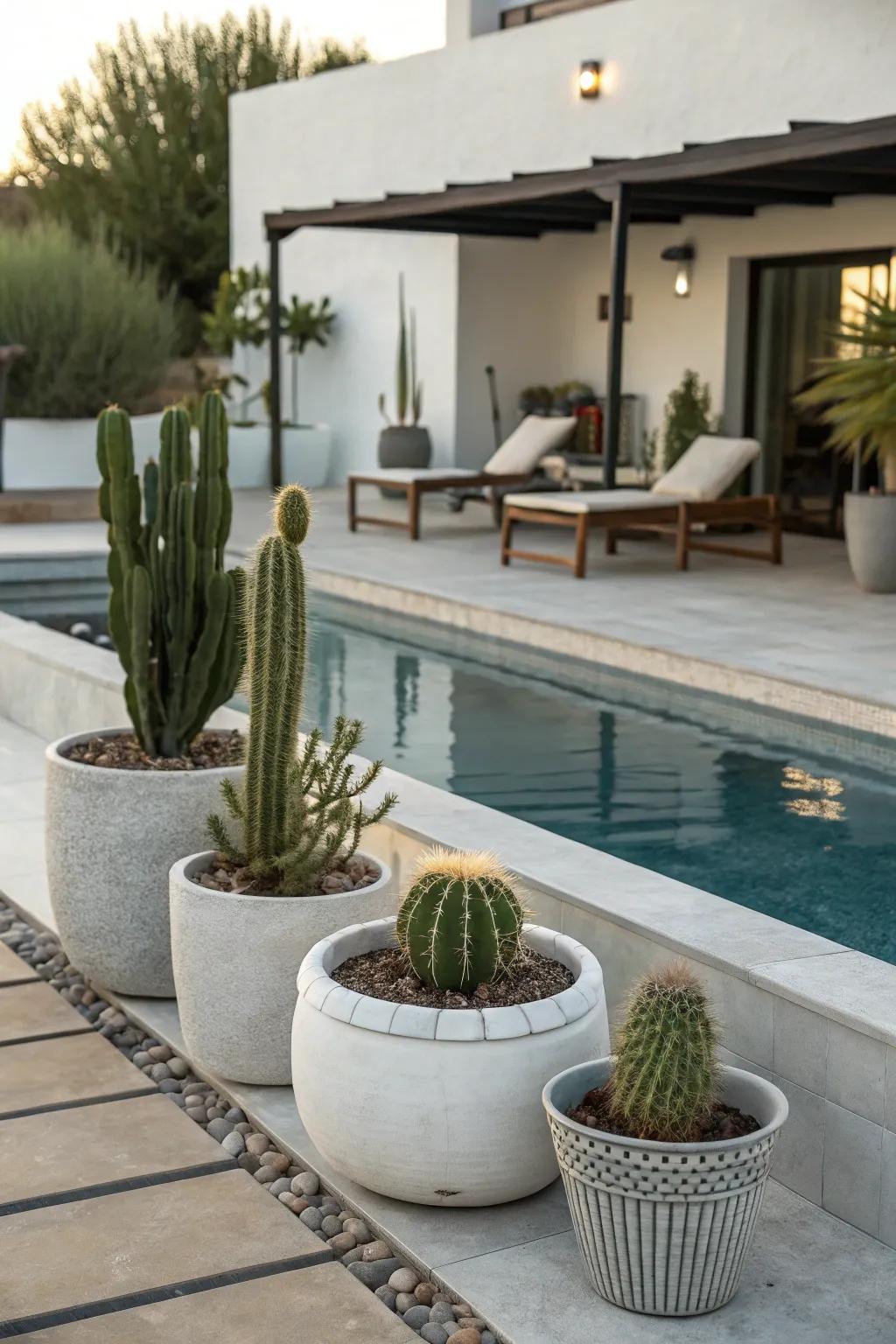 Cacti provide a distinctive, modern touch to poolside decorating.