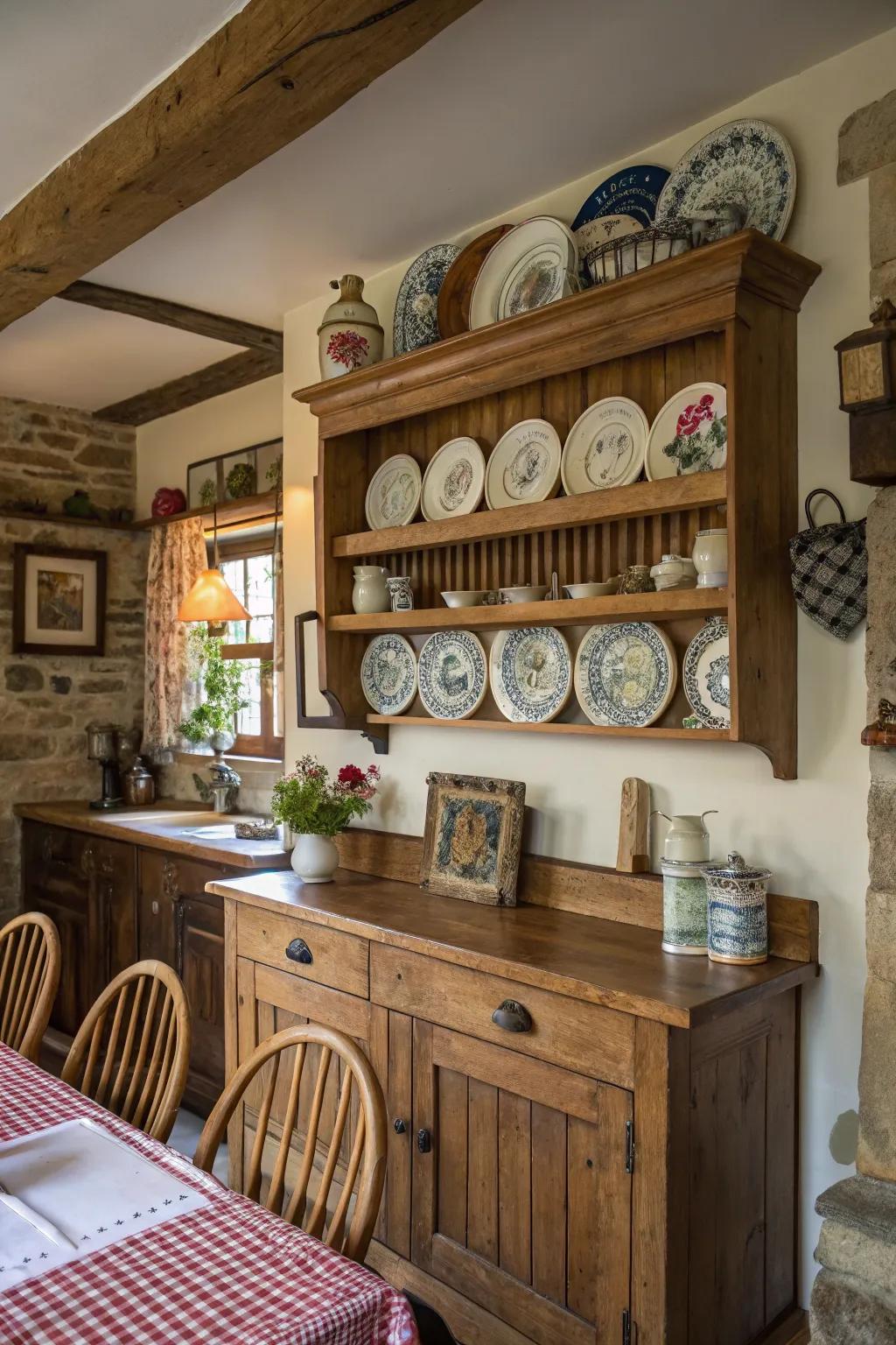 A country-style culinary space featuring a charming timber plate rail
