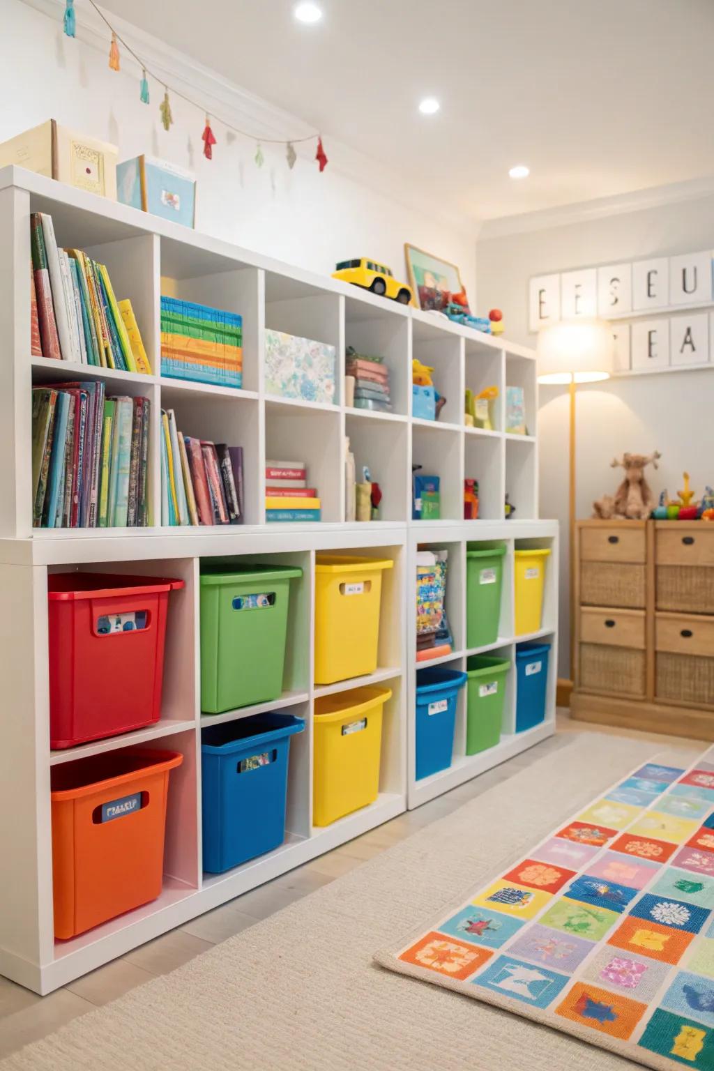 A playroom with color-matched bins and racks for a balanced look.