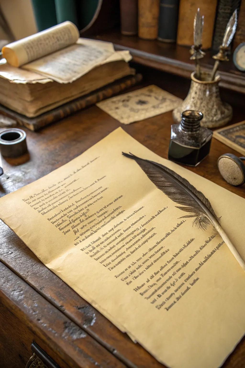 Poems on aged paper evoke an ageless, historical atmosphere.