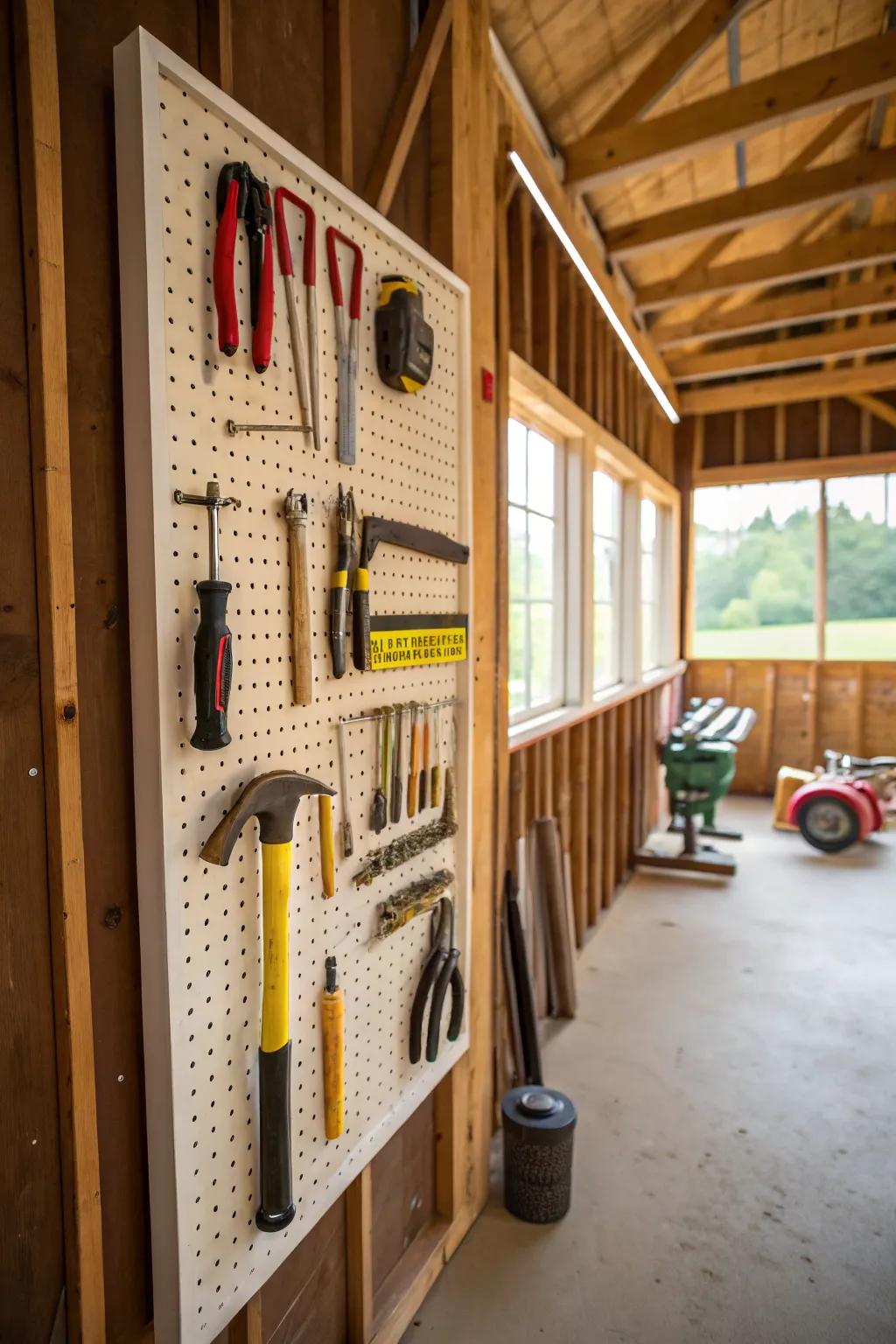 A pegboard organizes tools while keeping them in plain sight.