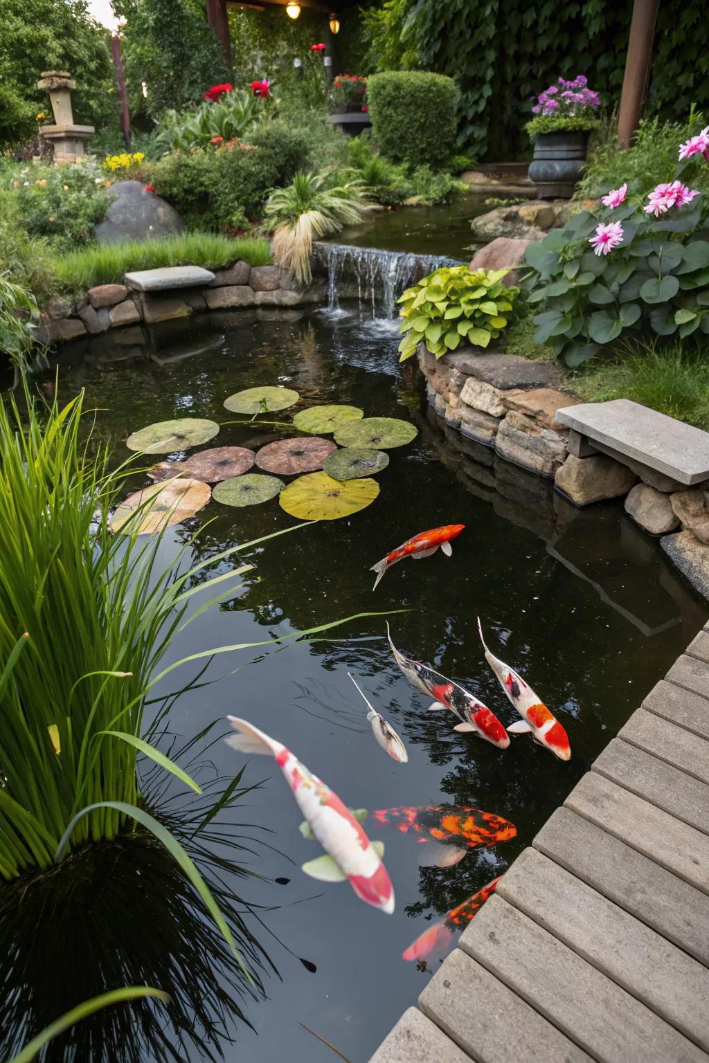A backyard pond flourishing with colorful koi fish.