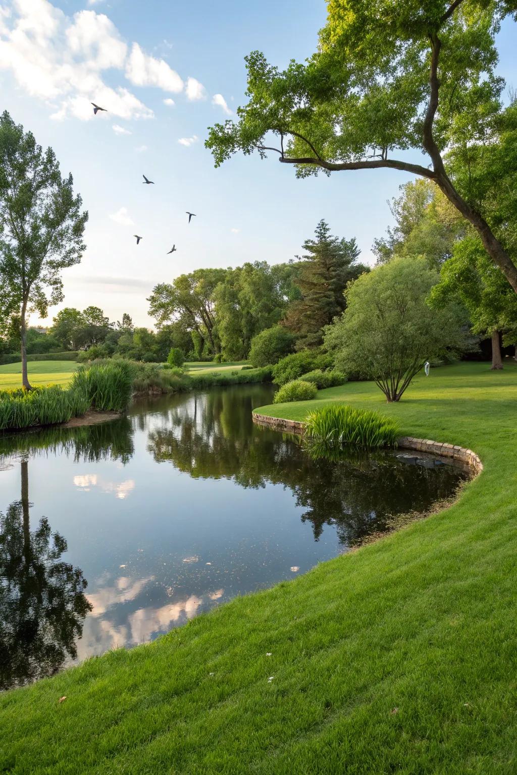 A perfect mix of pond and turf resulting in a cohesive garden.