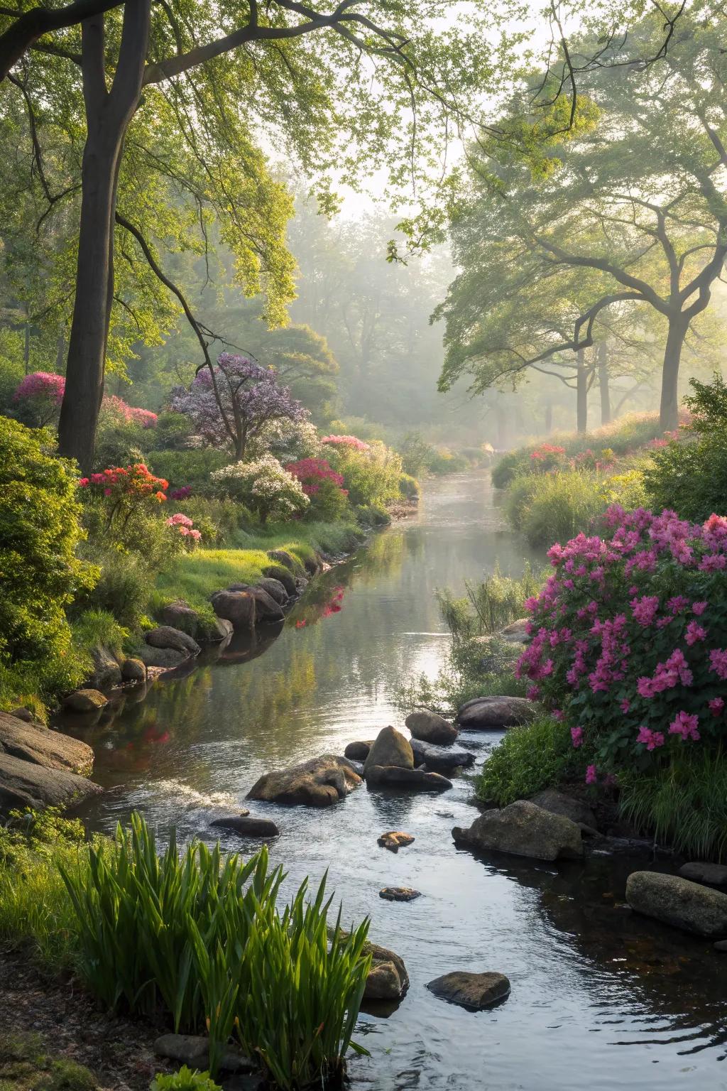 Integrate your stream with encompassing garden components for a natural visage.