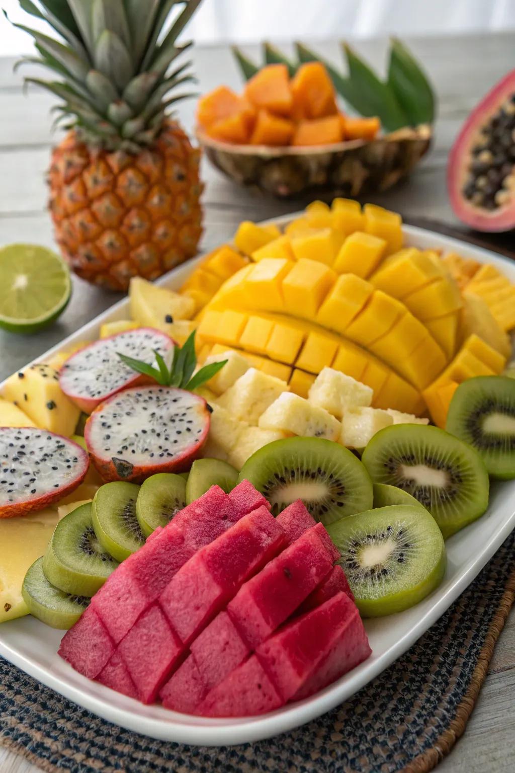 An exotic fruit selection is both delectable and aesthetically gratifying.