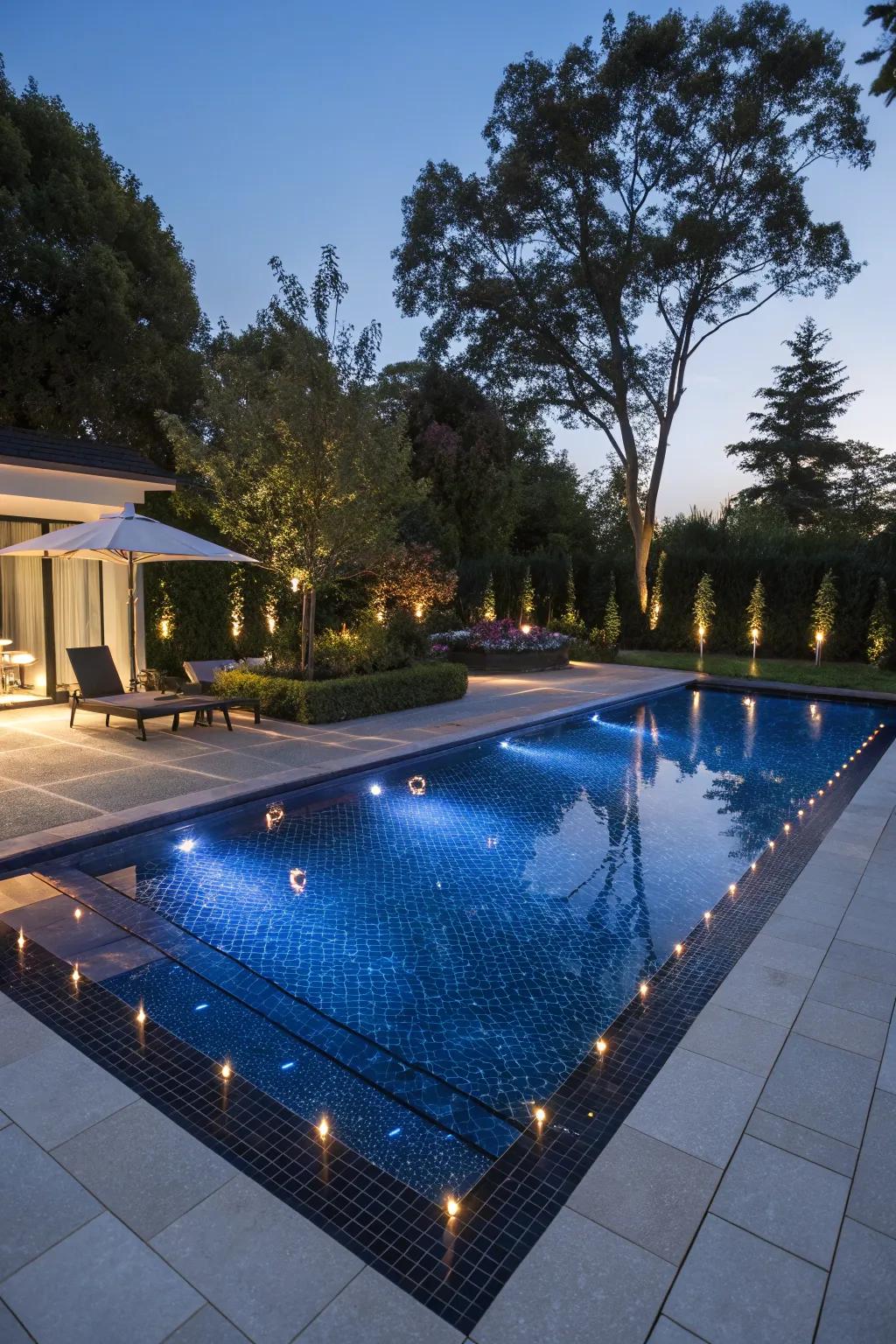 Midnight teal squares create a daring and dramatic pool feature.