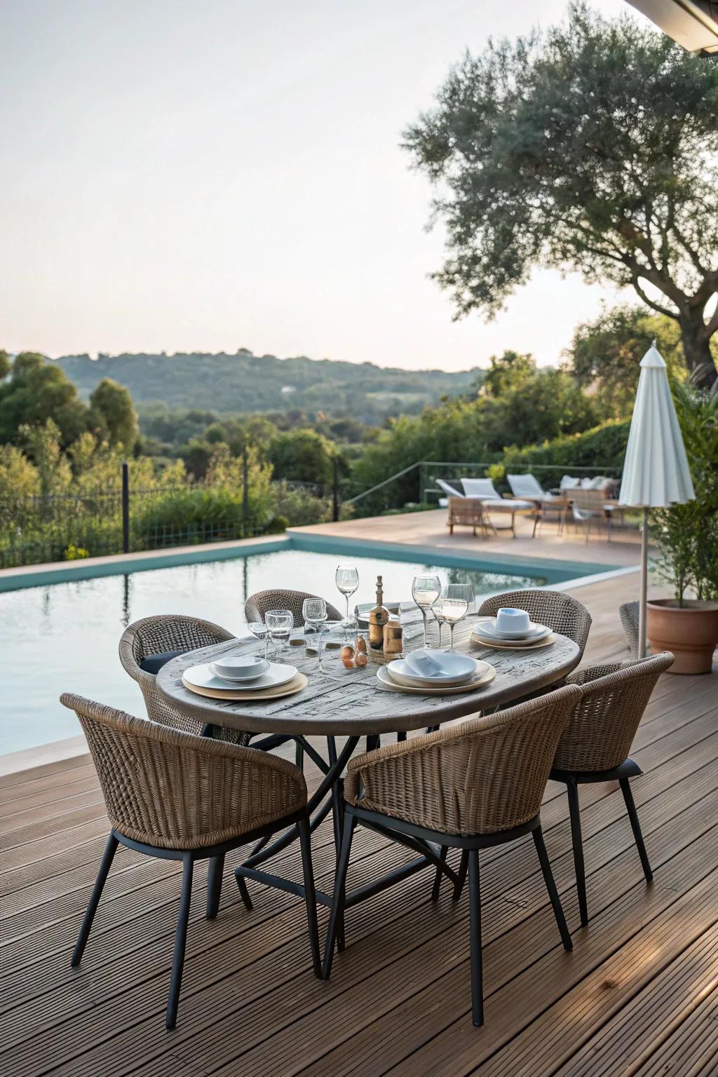 A stylish dining area by the pool is ideal for entertaining.