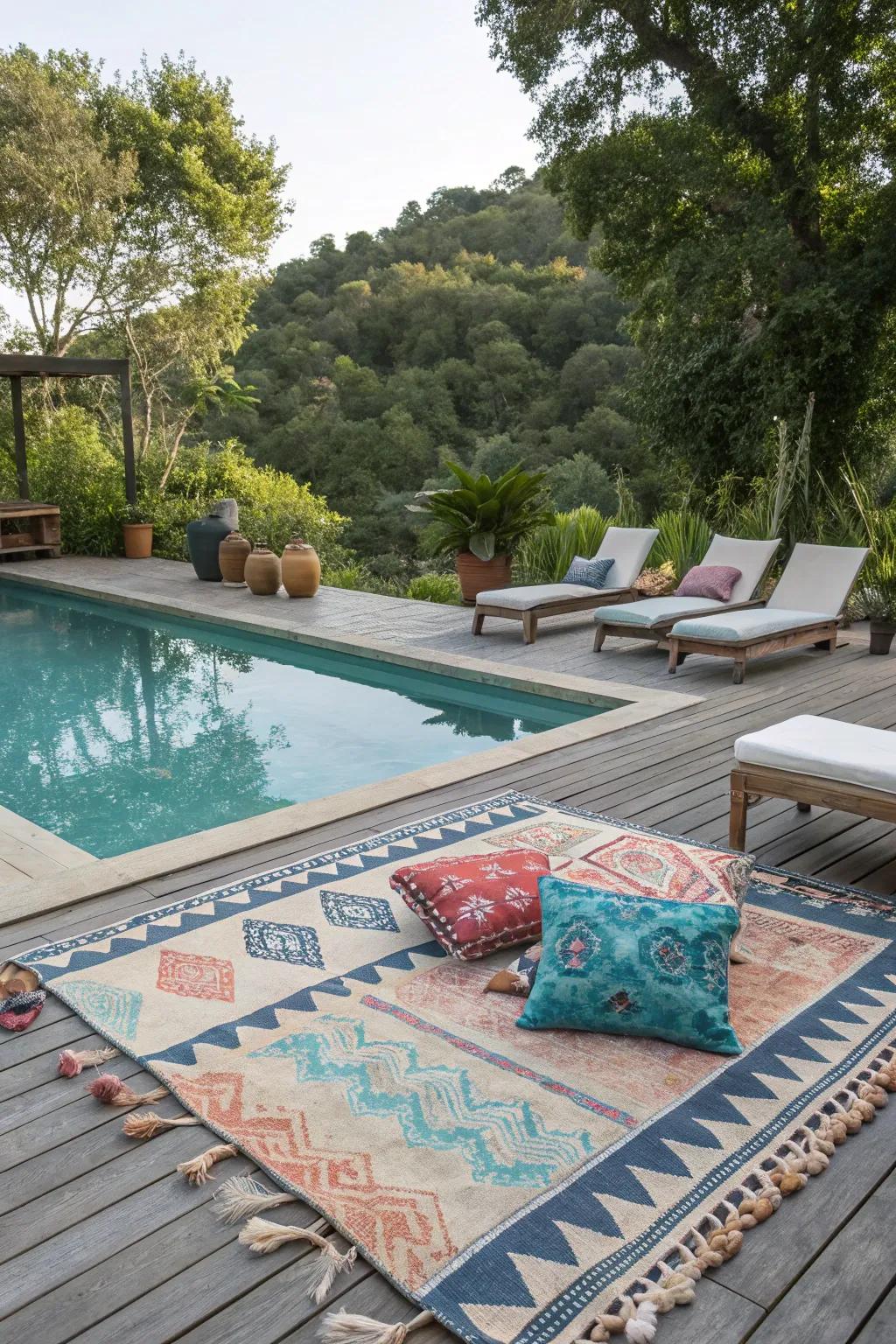 Snug accents featuring outdoor rugs and cushions for a homely atmosphere.