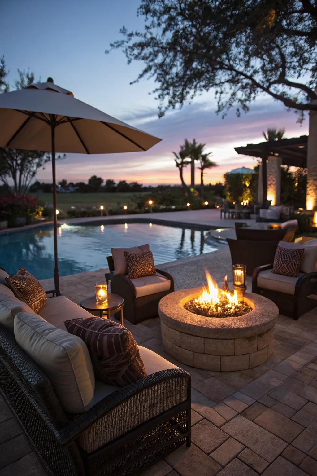 Fire pits introduce warmth and charm to poolside spots.
