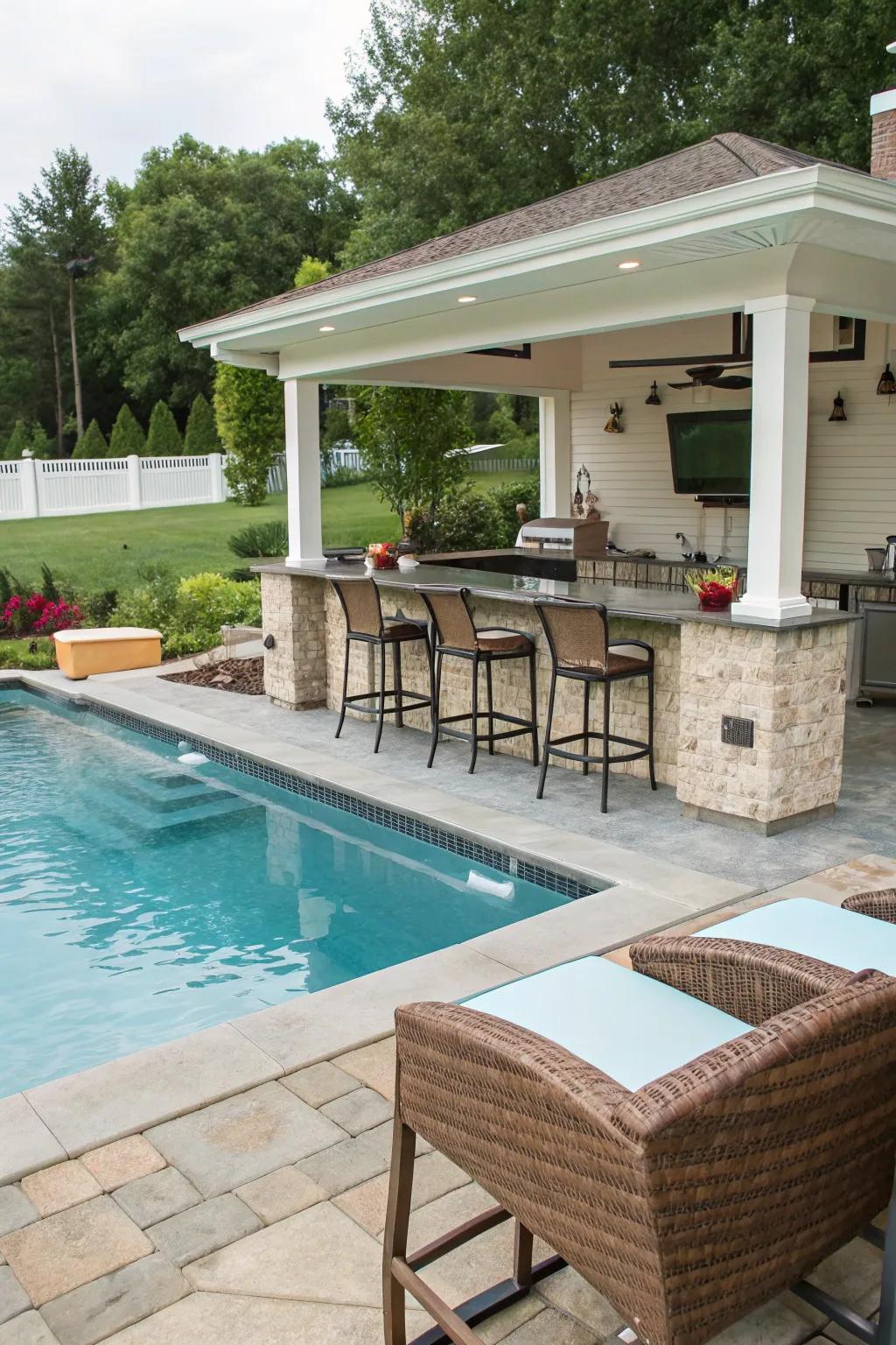 A stylish swim-up bar in a backyard pool.
