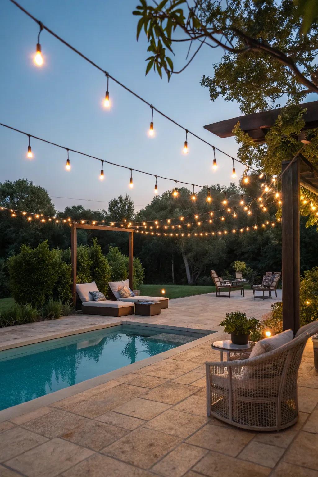 Turn your poolside into a magical place with the shimmer of string lights.