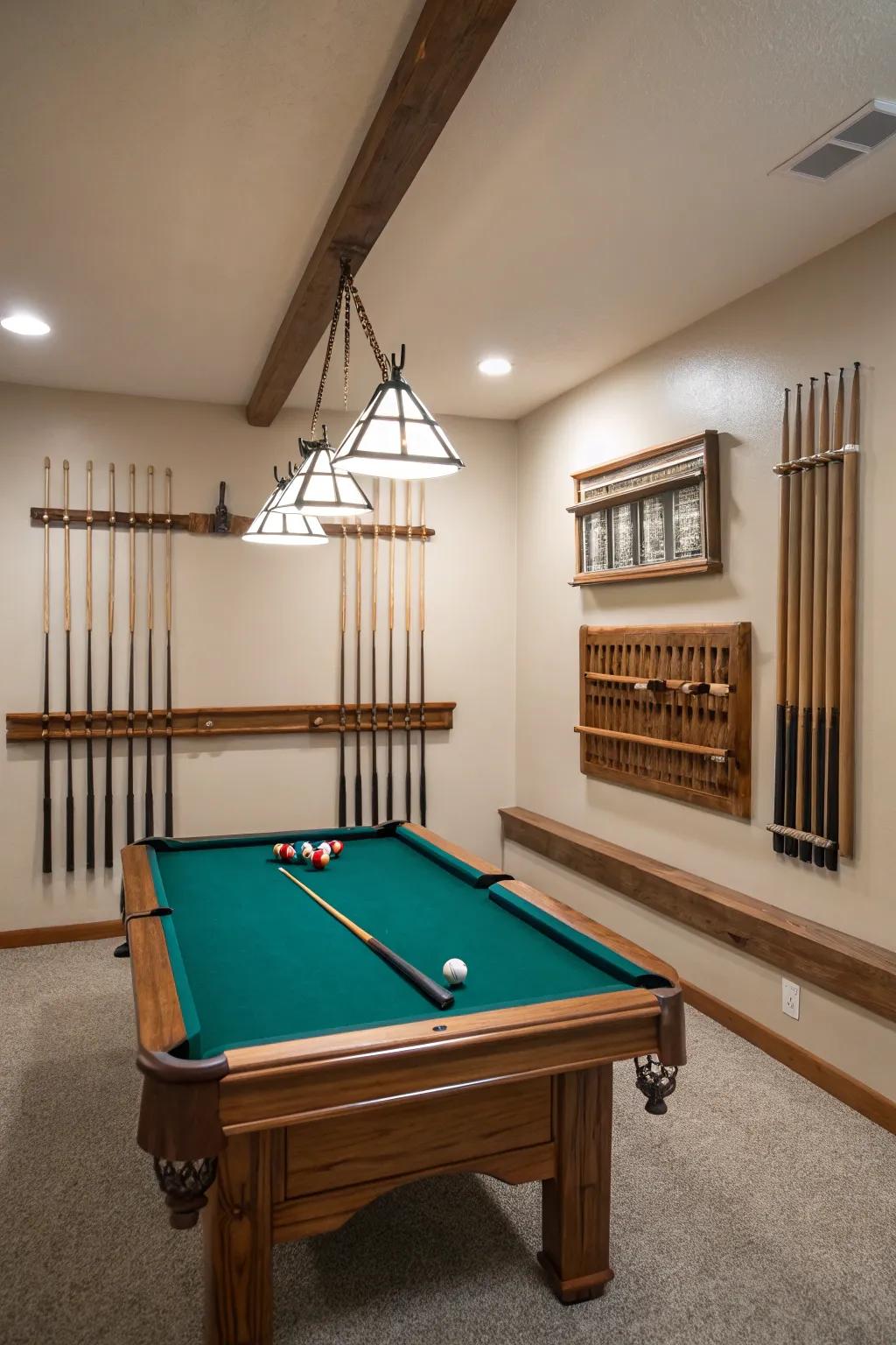 Wall-mounted storage ensures the pool table room is organized and clutter-free.