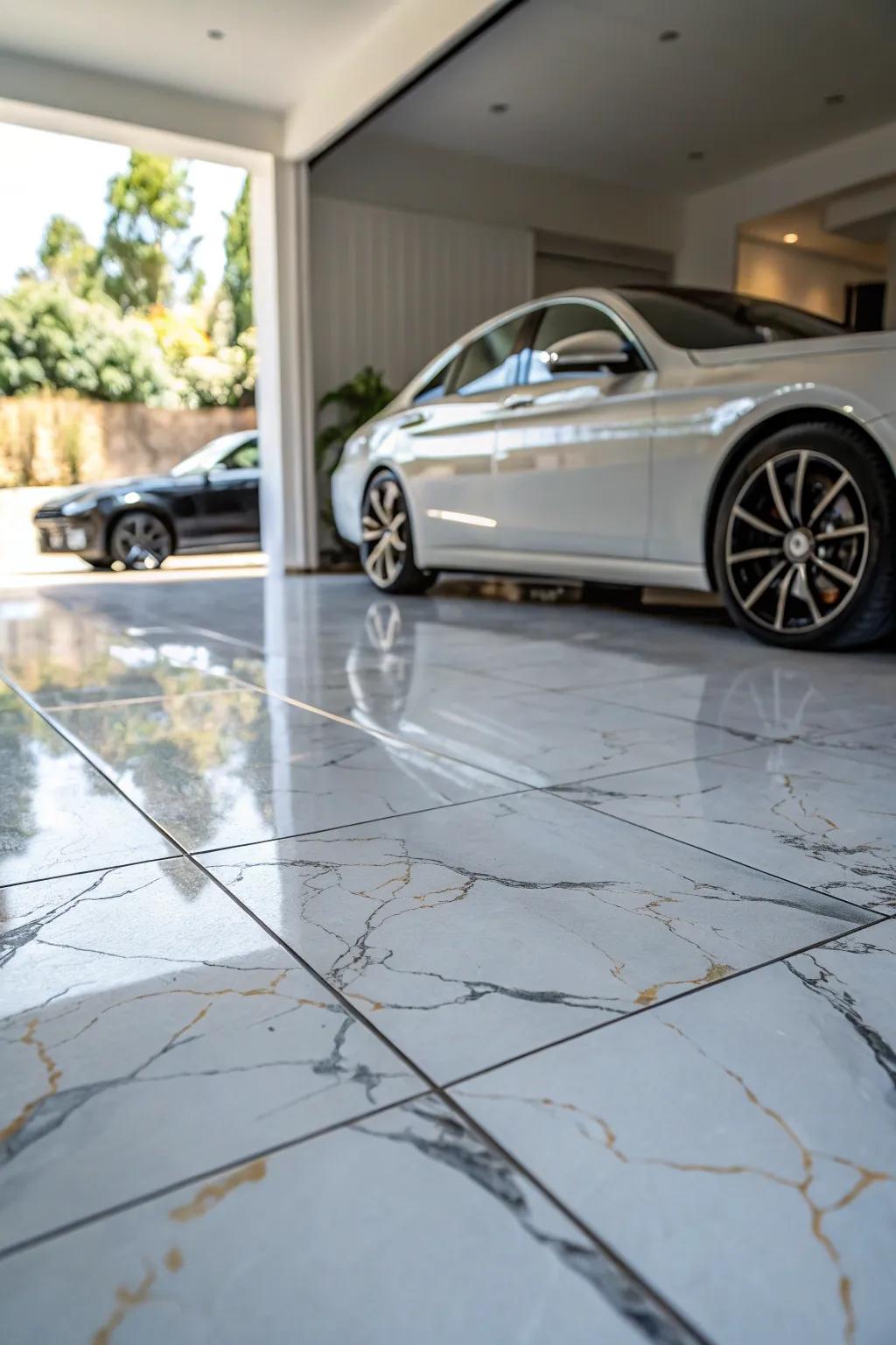 Introduce luxury into your garage with marble-impression porcelain squares.