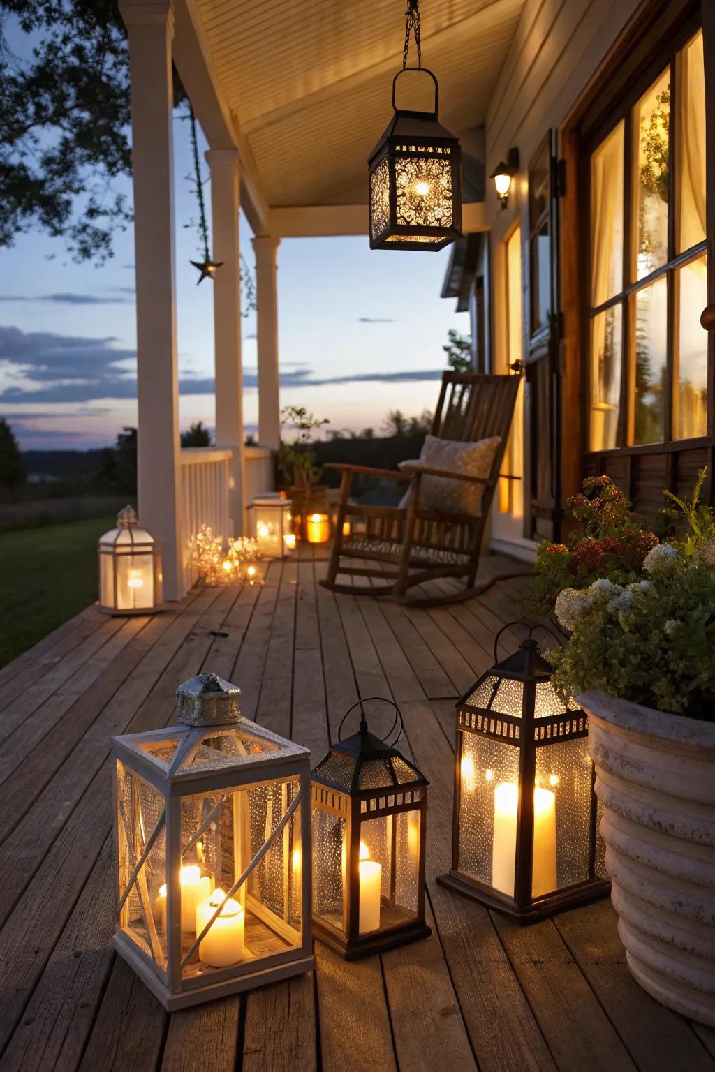 Whimsical lanterns add charm and warmth to the porch.