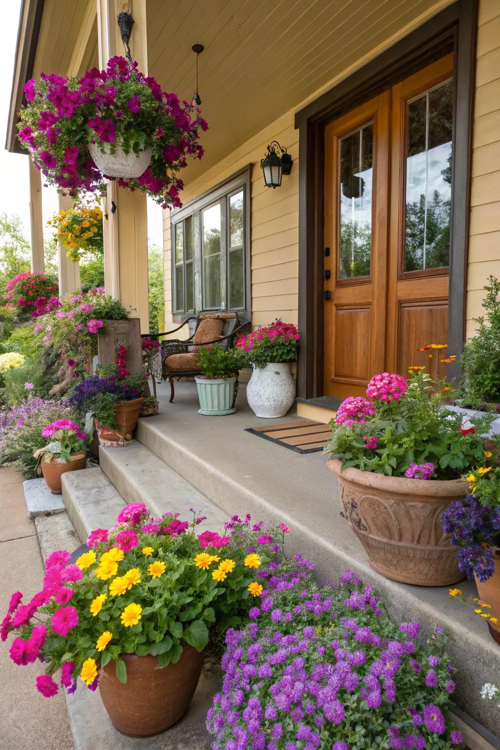 Green and vibrant with potted plants.
