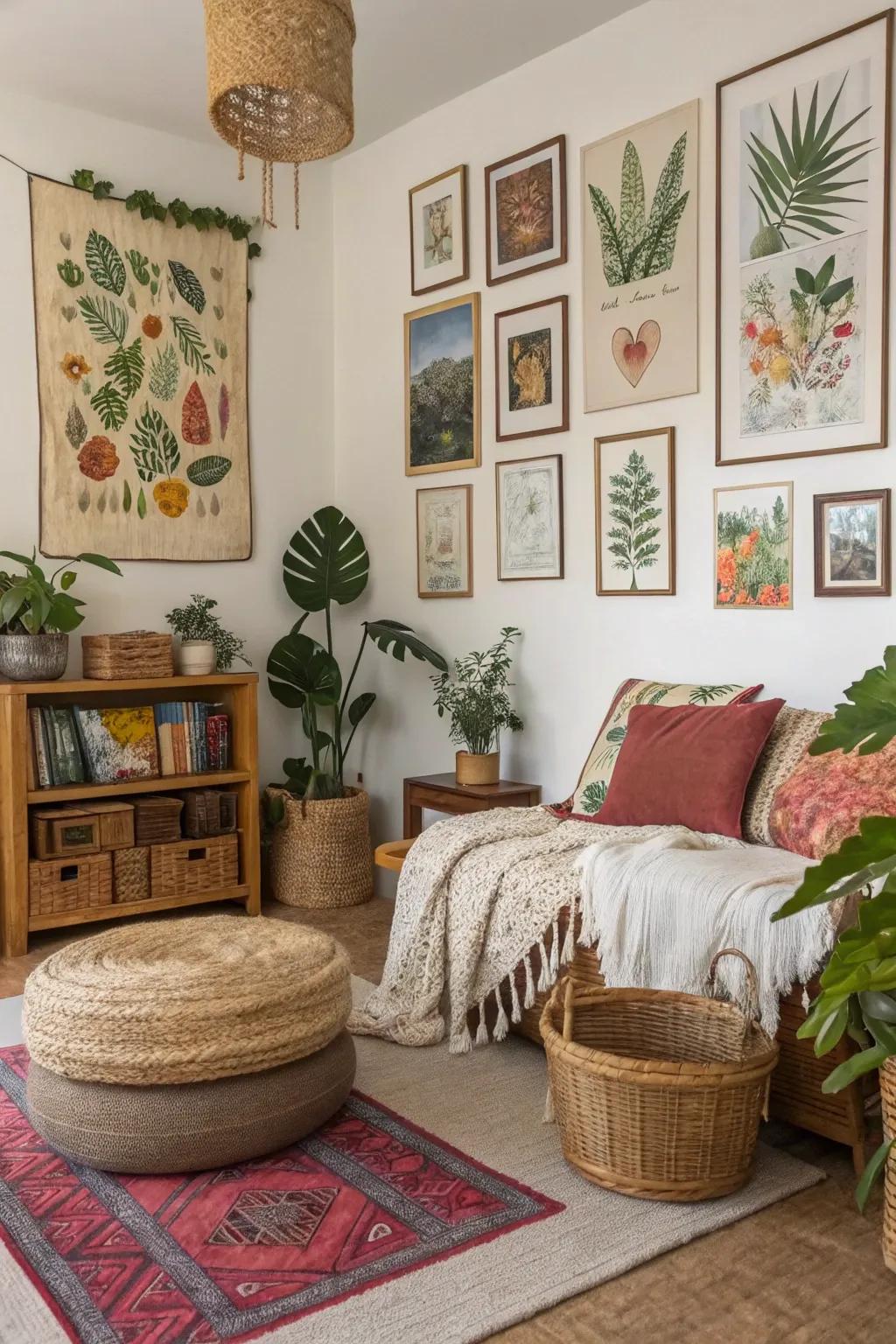 A bohemian room adorned with nature-themed posters.