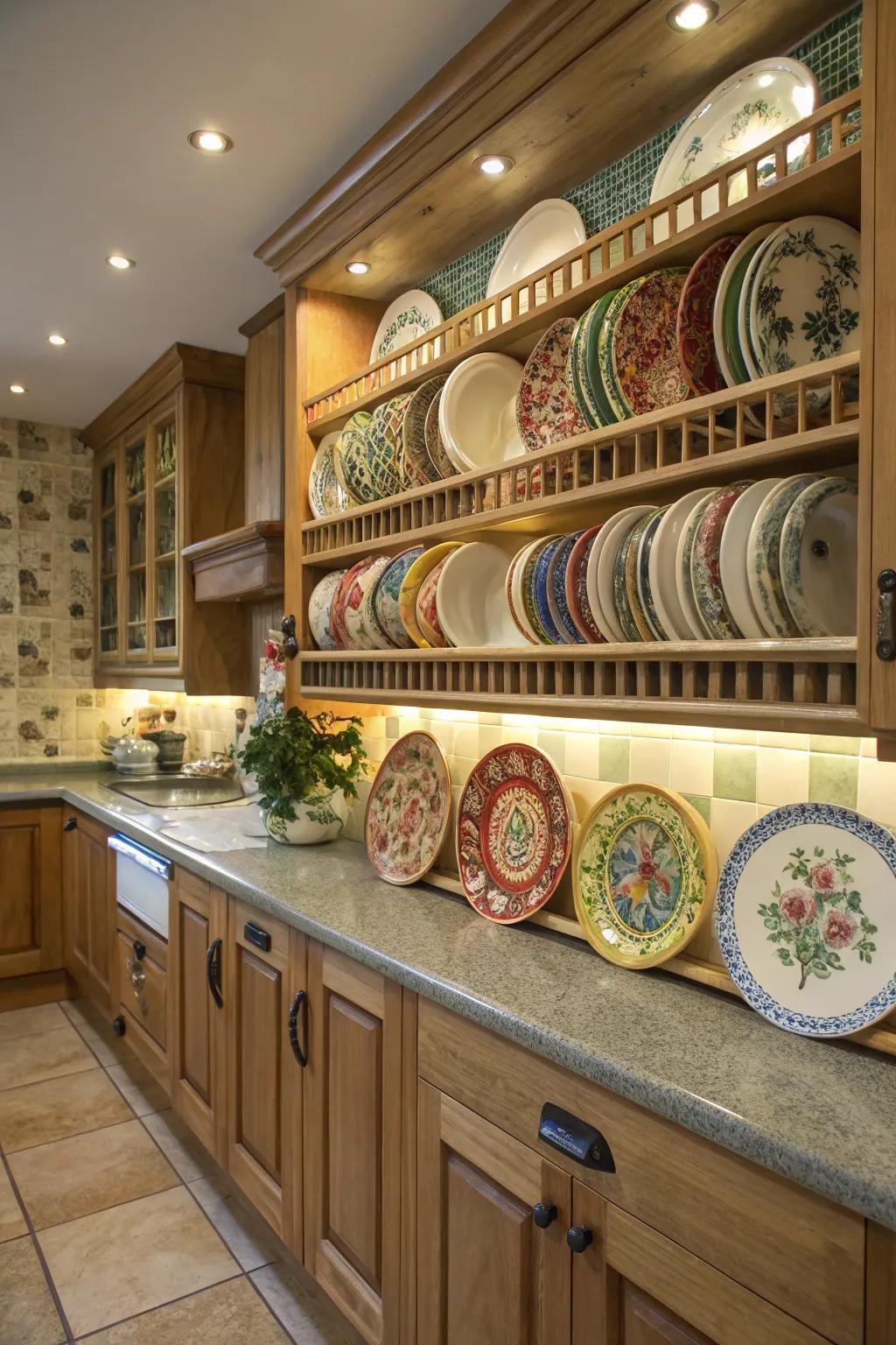 Cooking area wall featuring pottery dishes displayed on wall-mounted racks.