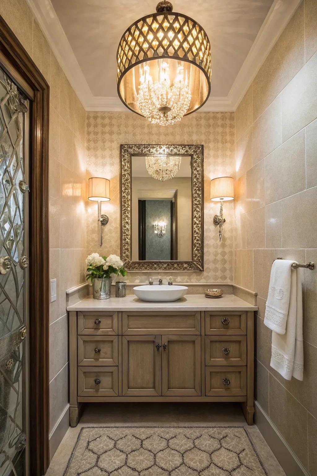 A half-bath showcasing a unique ornamental light fixture.