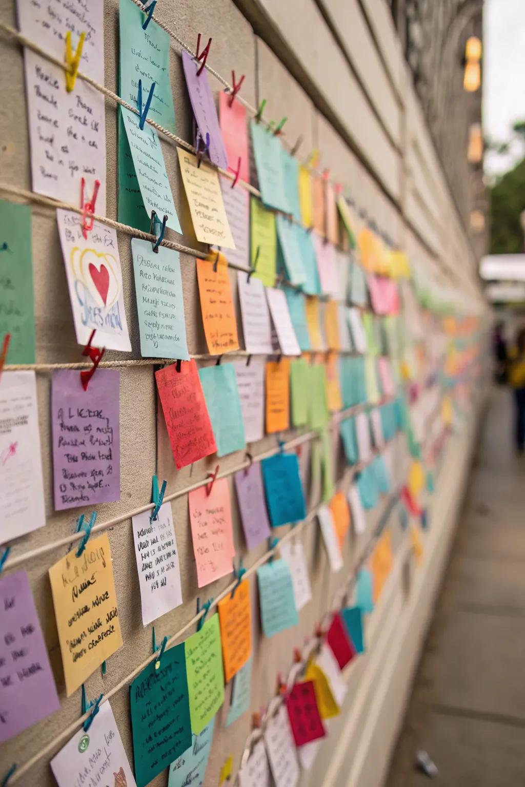 A prayer area showcasing a collection of vibrant reflective messages.