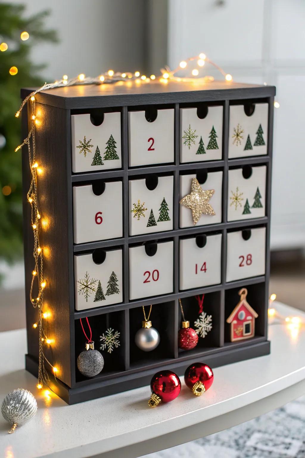 A contemporary countdown calendar adds an elegant touch to holiday rituals.