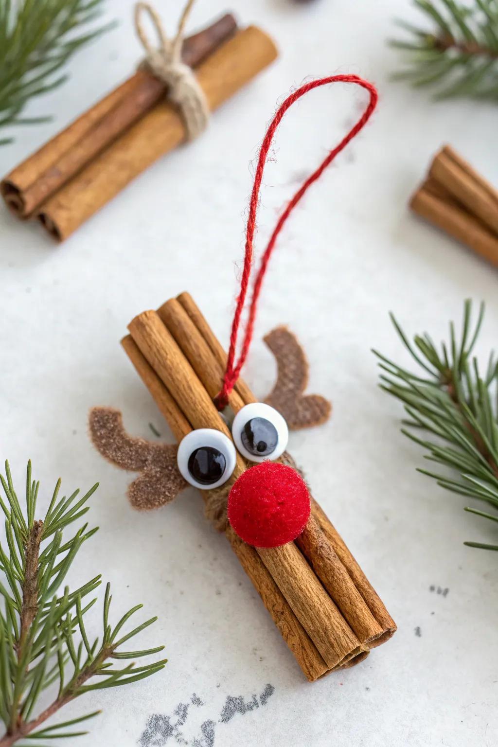 An adorable cinnamon rod reindeer poised to convey festive jubilation and a delightful fragrance to your abode.