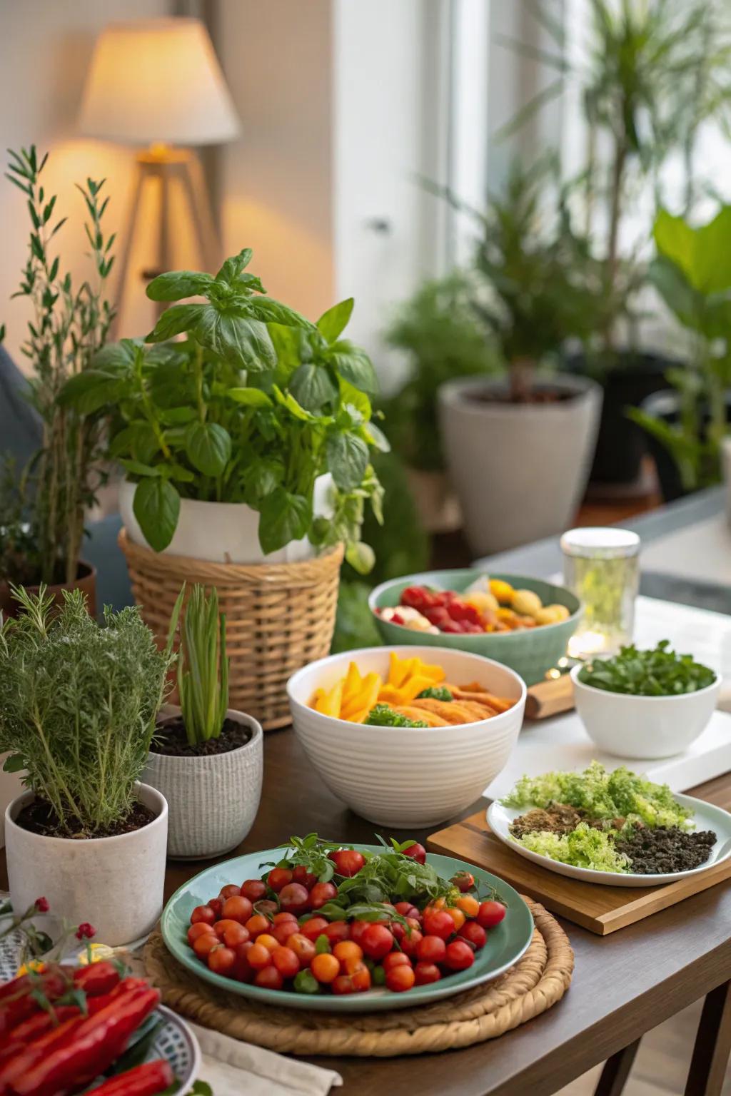 A dining arrangement with dishes prepared using fresh garden produce, complemented by potted herbs and plants.