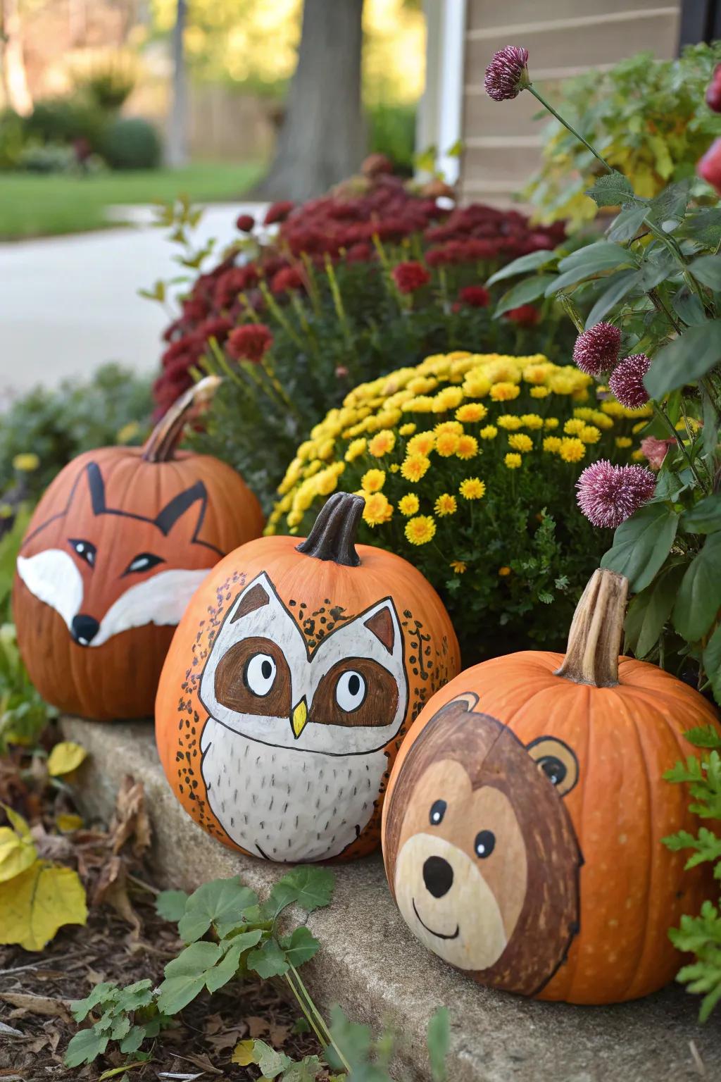 Pumpkins with animal faces are perfect for adding a dash of playfulness.