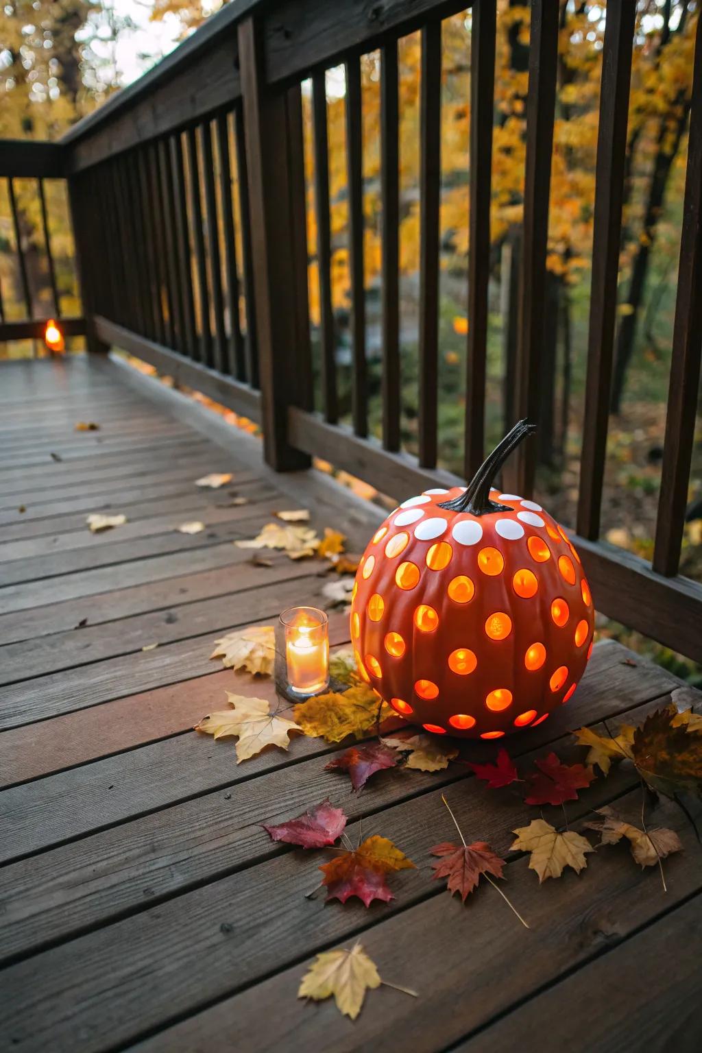 A playful polka dot pumpkin glowing warmly on a fall evening.
