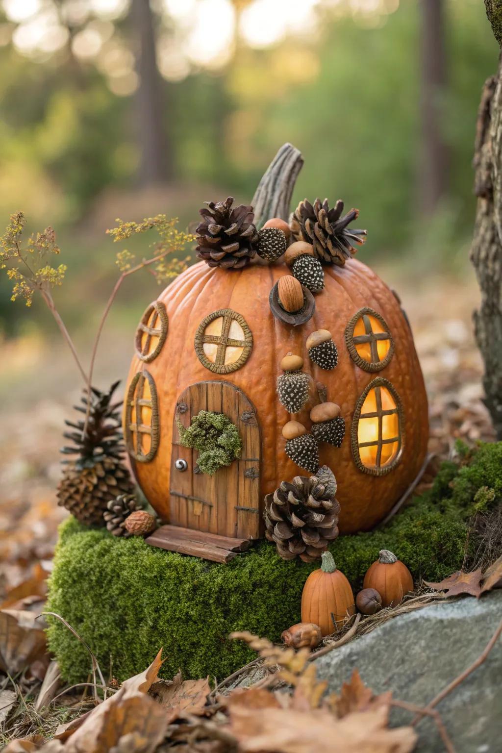 Unearth the enchantment of autumn with this bewitching pumpkin fairy edifice bedecked with glans and pine cone inflections.