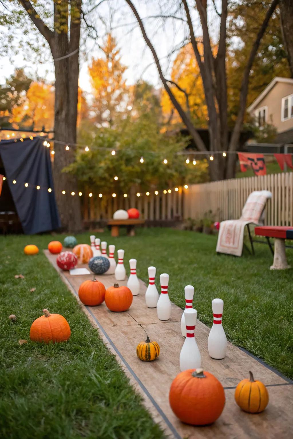An amusing pumpkin bowling match injects joy into the celebration.