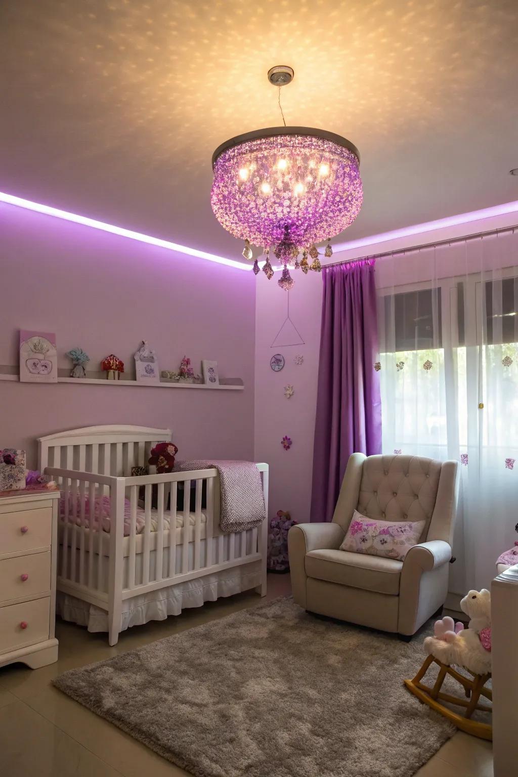 Purple light fixtures add elegance to the nursery.