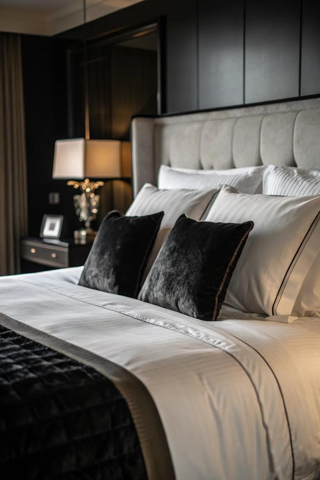 Monochrome color palettes bring a serene and polished feel to pillow arrangements.